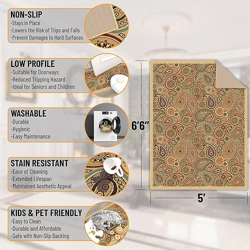 Miniatura 2 de Tapete Ottohome. Tapete con moderno diseño de cachemir, contemporáneo, color beige, con parte trasera de goma antideslizante