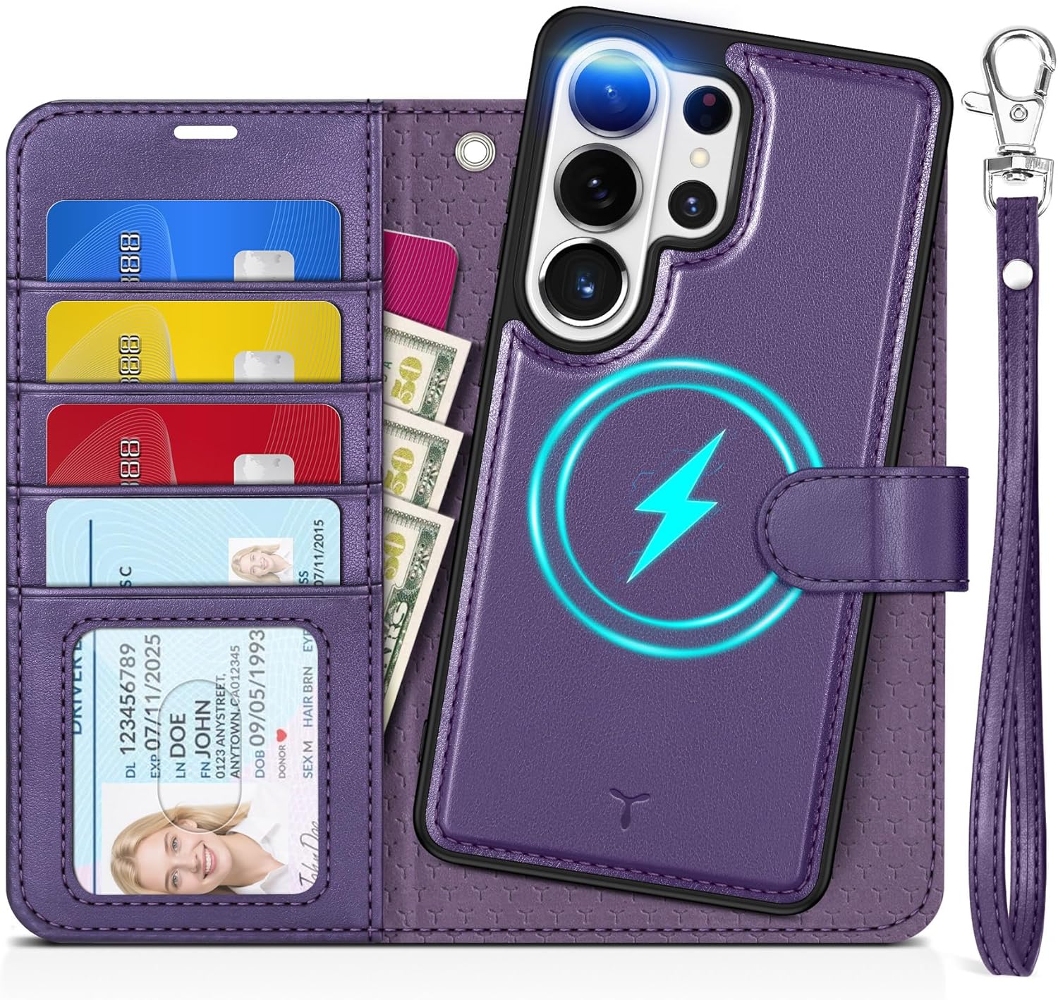 TUCCH Detachable Case Wallet for Galaxy S26 Ultra, Wrist Strap 4 Card Slots RFID Blocking Wireless Charging Stand, Magnetic PU Leather Shockproof Folio Cover for Galaxy S26 Ultra 2026, Deep Purple