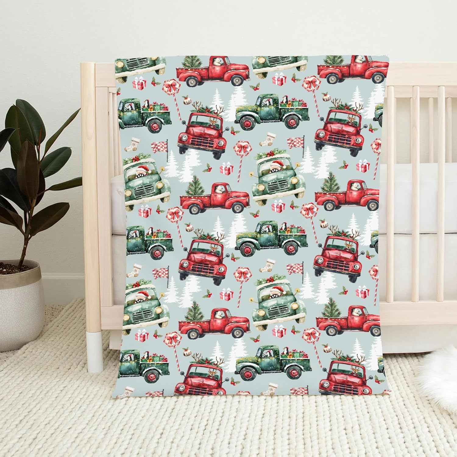 Cute Christmas Trucks Baby Blanket Girls Boys Flannel Fleece Nursery Bed Receiving Swaddle Santa Deer Penguins Bears Car Pine Trees Fir Candy Gift Toddler Newborn Daycare Green 40x50inch