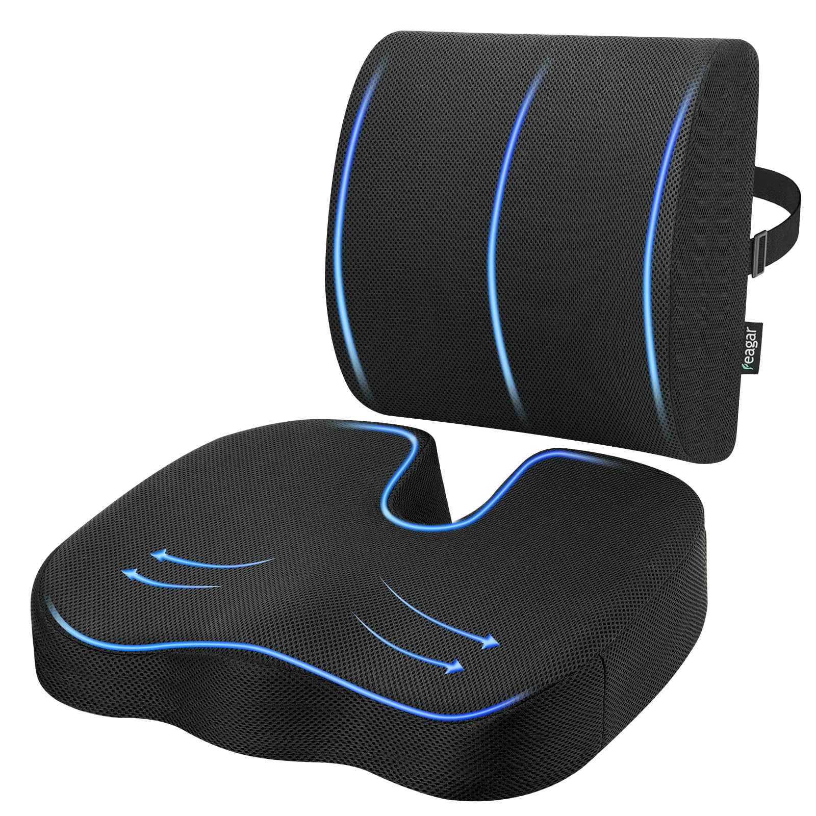 Feagar Cuscino Sedia Ufficio Supporto Lombare - Ergonomico in Memory Foam Set Ortopedico Traspirante per Ufficio, Auto, Sedia da Gaming e Sedia a Rotelle – Comfort Duraturo e Sollievo Alla Schiena
