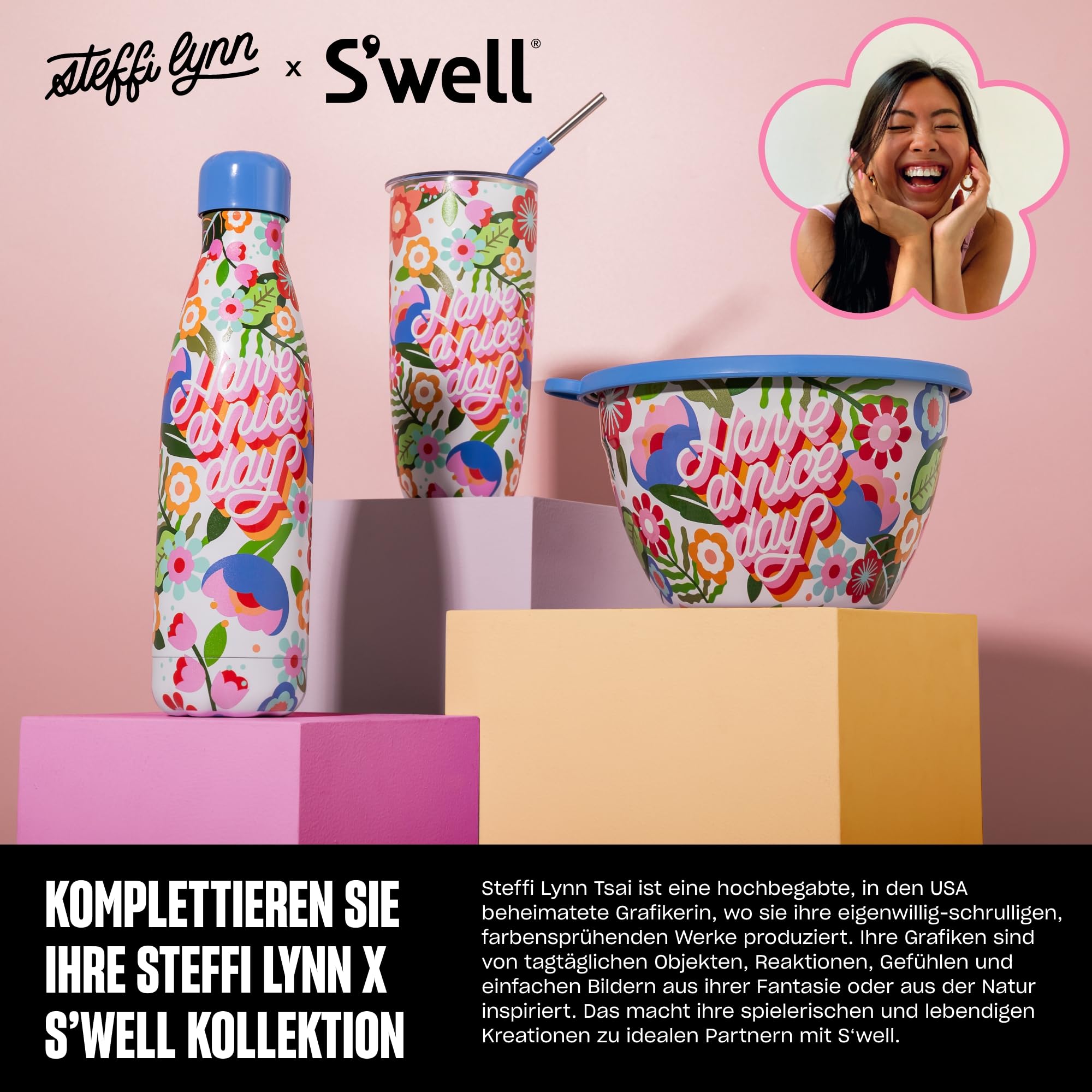 S'well x Steffi Lynn Salatschüssel-Set aus Edelstahl, 1,9 l, Kunstdesign, mit 60 ml Gewürzbehälter und abnehmbarer Schale zur Organisation, auslaufsicher, leicht zu reinigen, spülmaschinenfest