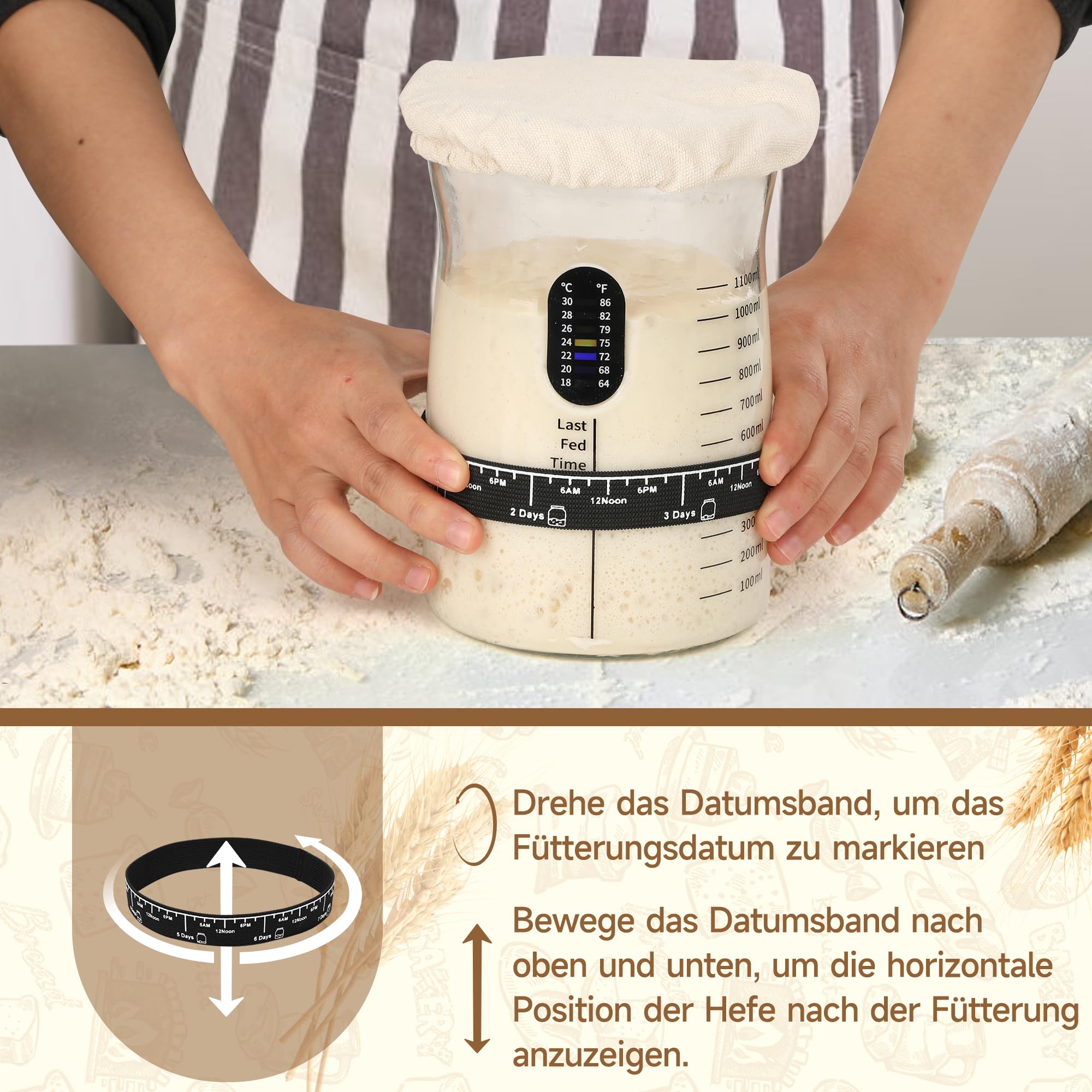 Coco Bird Pro Sauerteig Starter Set – 1,5L Großes Sauerteig Glas mit 17 Rezepten – Sauerteigstarter Zubehör für Brotbacken & Fermentation (1 Stück)
