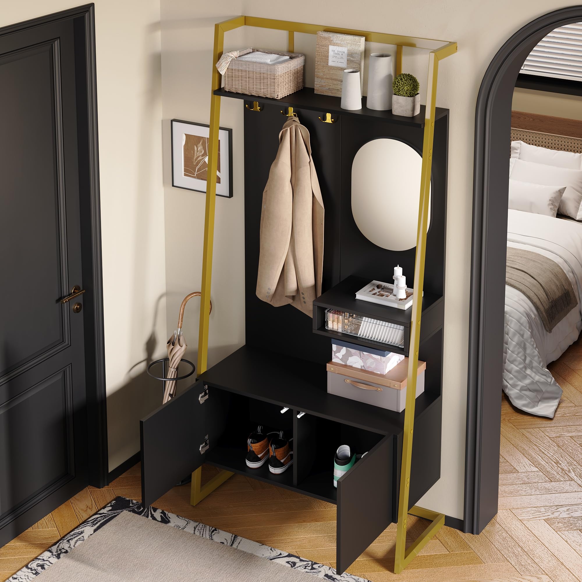 Moderno guardaroba compatto 80 x 180 cm, armadio aperto con specchio, gancio in metallo, con scarpiera, appendiabiti, nero