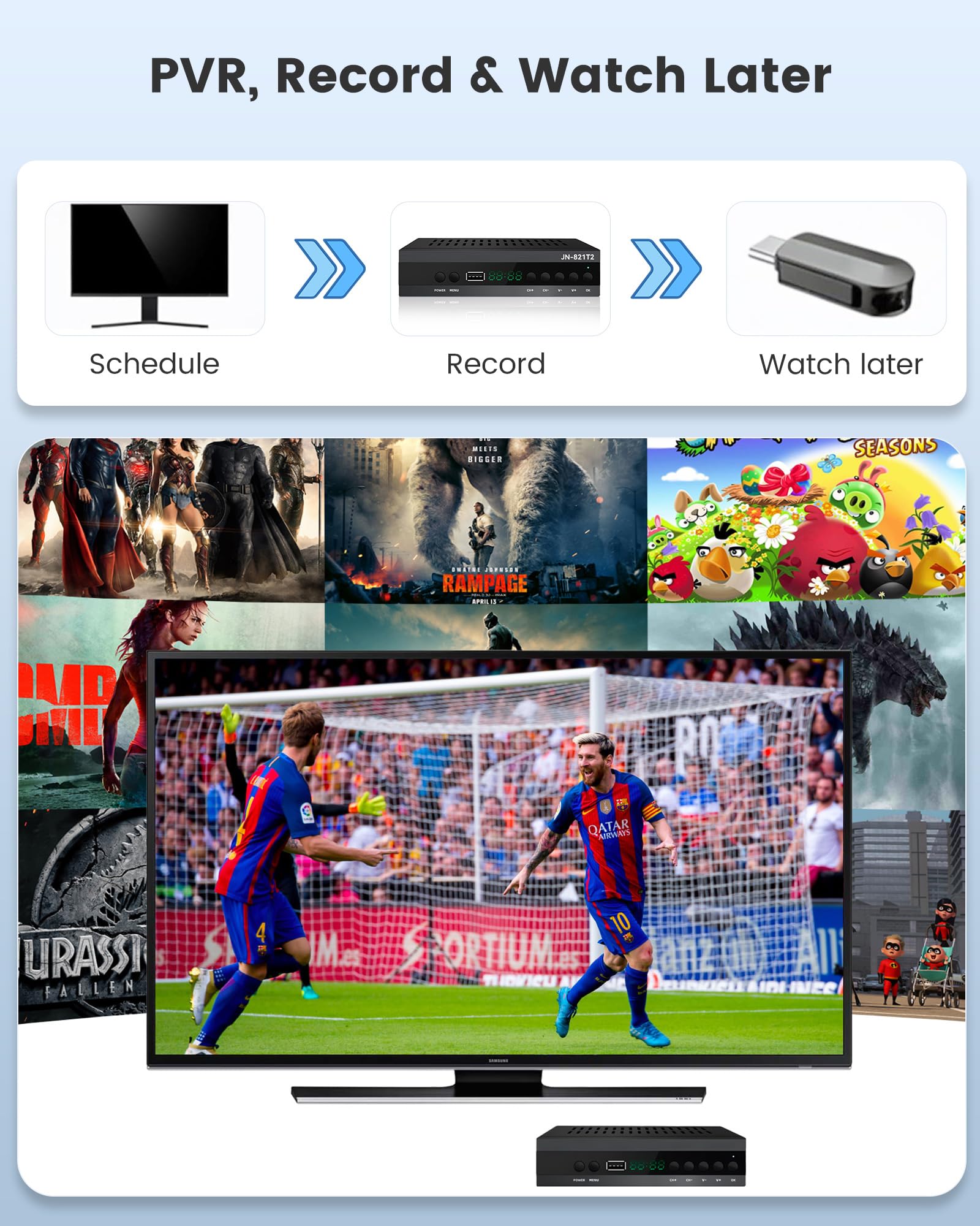 Décodeur TV HD DVB-T2 H265 HEVC FTA, PVR, USB, HDMI, MPEG-2/4, Numérique SCART, Tuner TNT Full HD 1080p, Compatible Android (2024 Nouveau)