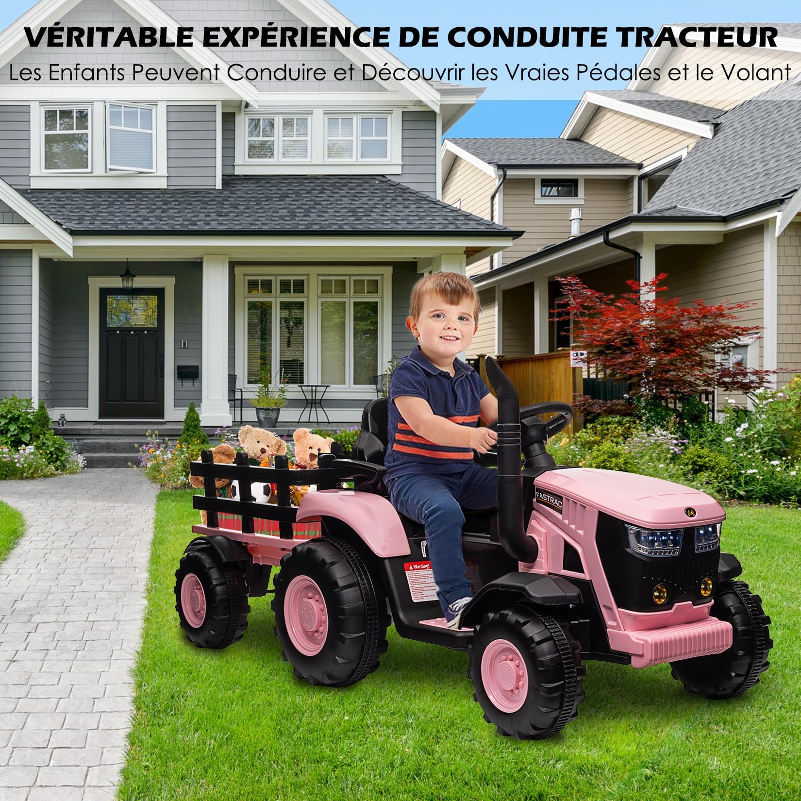 Garvee Trattore Elettrico Bambini 12V con Rimorchio Staccabile - Doppio Motore 35W, 3 Velocità, Luci LED, Musica MP3/Wireless/USB, Clacson, Telecomando Parentale, Veicolo Cavalcabile 3+ Anni, Rosa