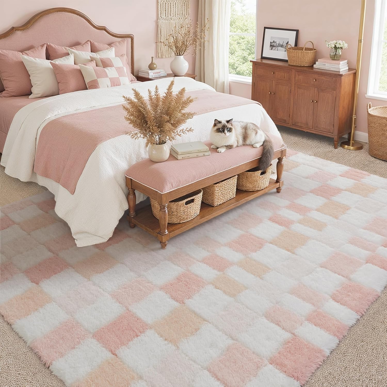 8x10 Pink Area Rug Fluffy Shag Checkered Living Room Throw Carpet Washable Non-Slip Soft Pile Fuzzy Large Rug for Bedroom Dorm Bathroom Dining Room Home Aesthetic Decor