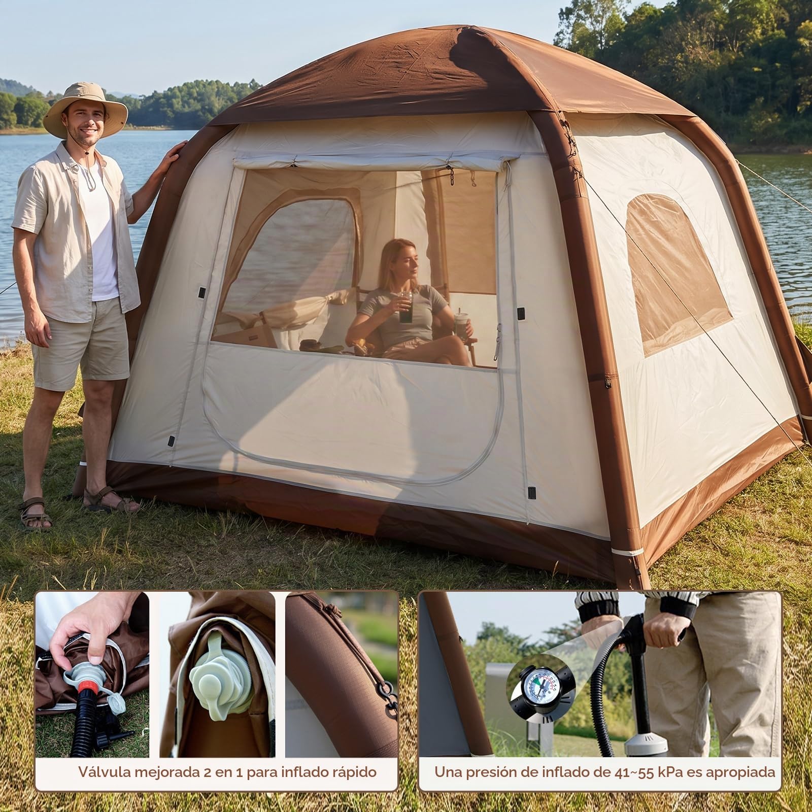 Tienda de campaña inflable, tiendas de campaña inflables para 2/4/6/8 personas para acampar, actualización 2025 Puerta con cremallera de fácil construcción Carpas inflables Casa grande con protección