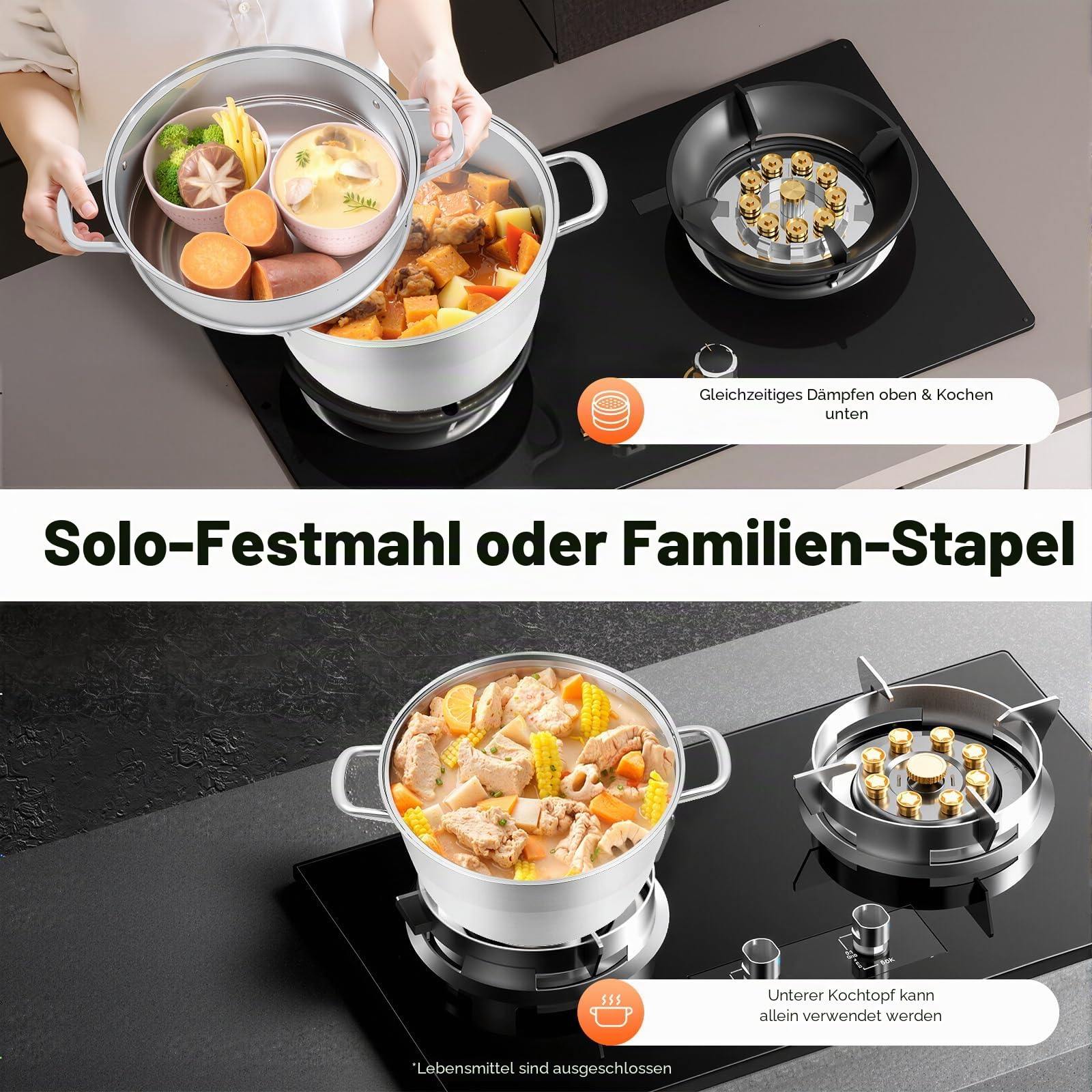 5 Etagen Dampfgarer Edelstahl 304 Stackbar, 9L Dampfkochtopf mit Glasdeckel, Mantowarka Gardampftopf, Großvolumen Dämpfeinsatz, für Induktion, Gasherd