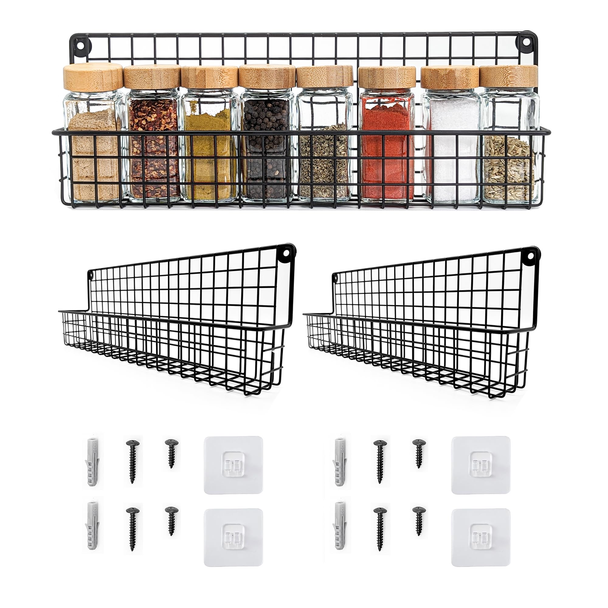 Kempt Wall Mounted Spice Rack for Inside Cupboard, Set of 2, Wall Mounted Kitchen Shelf, No Drill Metal Shelves, Self-Adhesive Fridge Storage, Cupboard Storage (2)