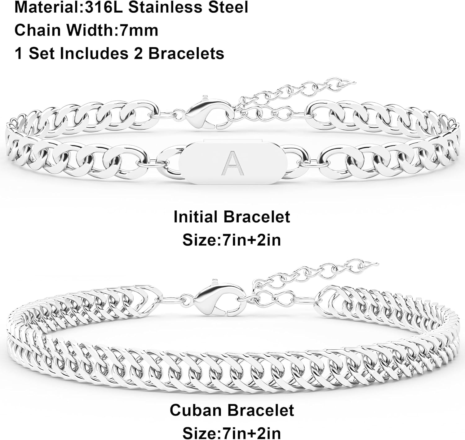 2PCS Initial Letter Cuban Bracelet, A-Z Letter Pendant Stainless Steel Silver Cuban Link Chain for Men Women Jewelry Set for Him Her - Image 3