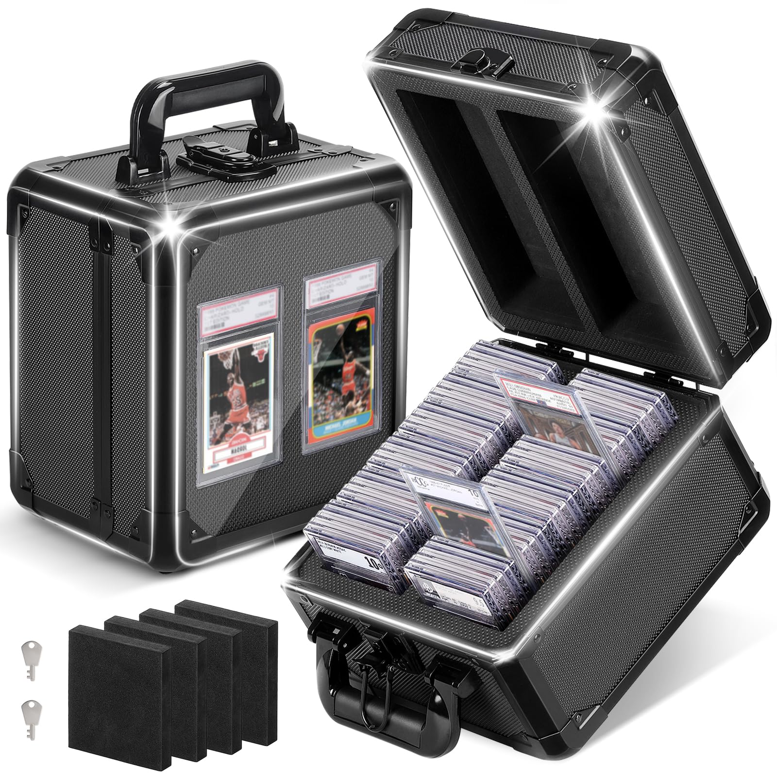 ONUEMP Graded Card Storage Box, Top Loaders Storage Case with Keys, Sports Card Box Black Cases for Trading Cards & Sports Cards