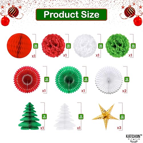 Miniatura 5 de KatchOn, Juego de decoraciones navideñas rojas y verdes, paquete de 14  Pancarta de Feliz Navidad con purpurina, abanicos de papel de Navidad