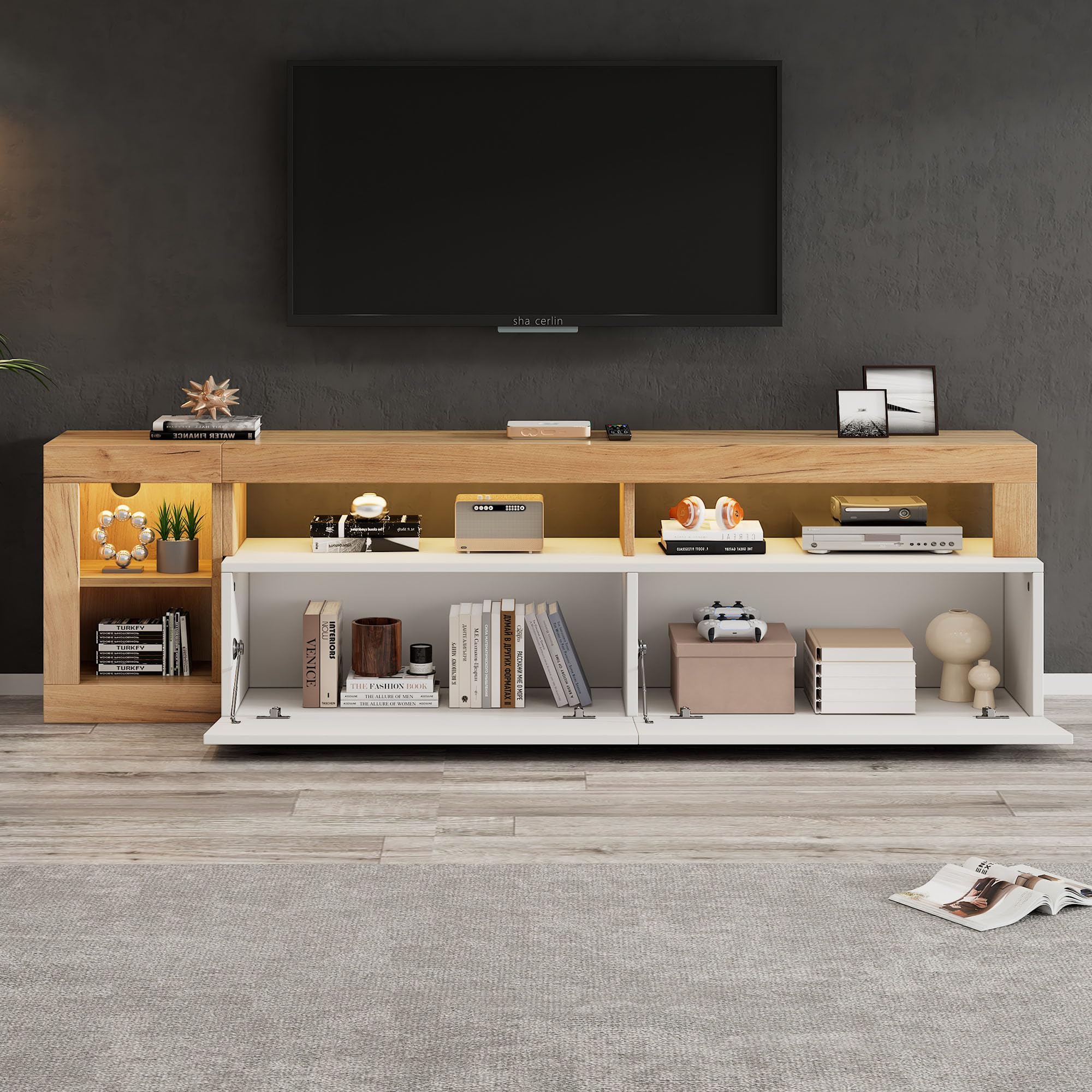 BTM Meuble TV Blanc avec Eclairage LED, Meuble Tele avec Rangement Ouvert, Meuble Télé 180cm de Longueur, pour Max 80 Pouces, 184x42x58cm, Blanc et Bois Naturel