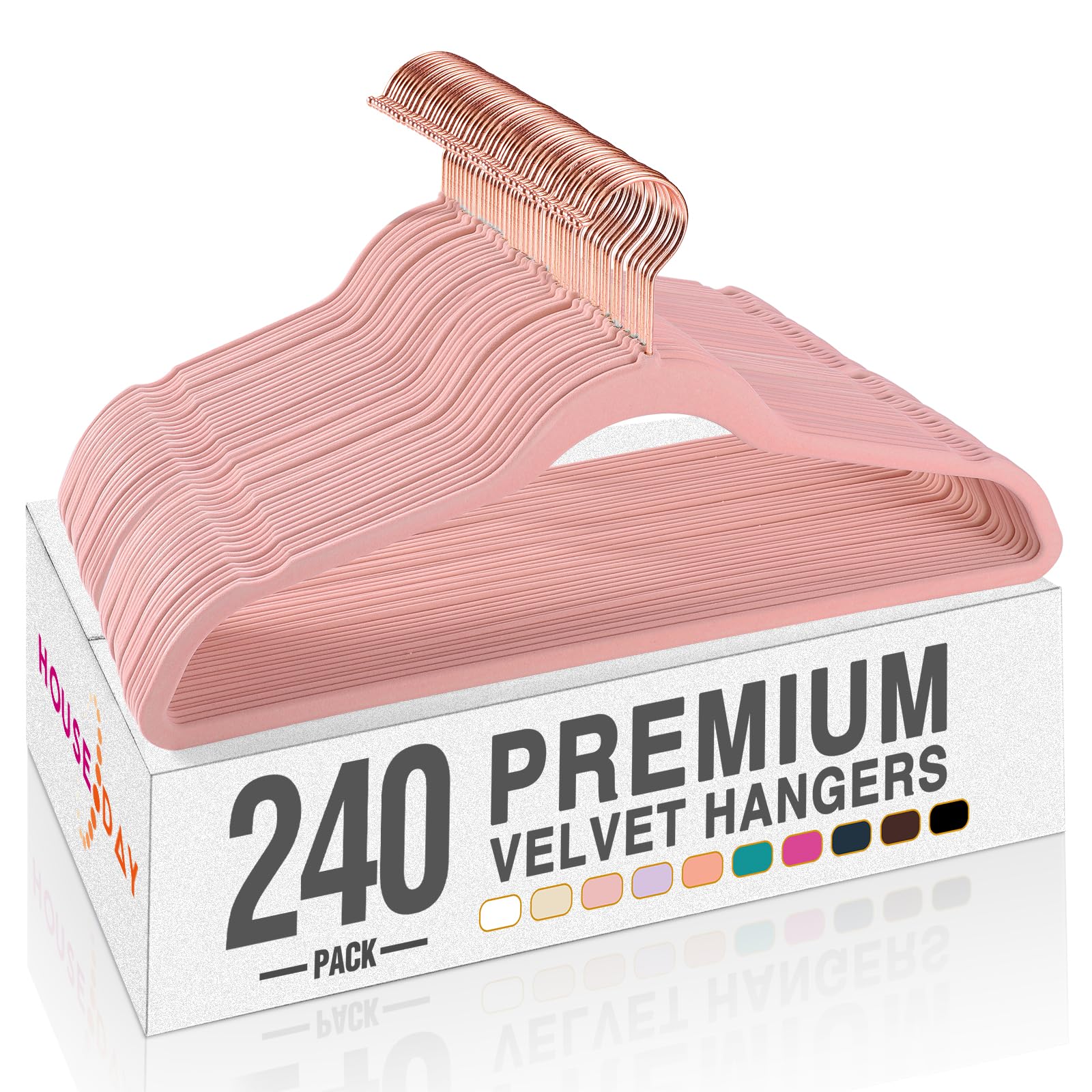 HOUSE DAY Pink Velvet Hangers 240 Pack, Premium Clothes Hangers Non-Slip Felt Hangers, Sturdy Black Hangers Heavy Duty Coat Hangers, Durable Suit Hangers, Space Saving No Hanger Mark Rotating Hook