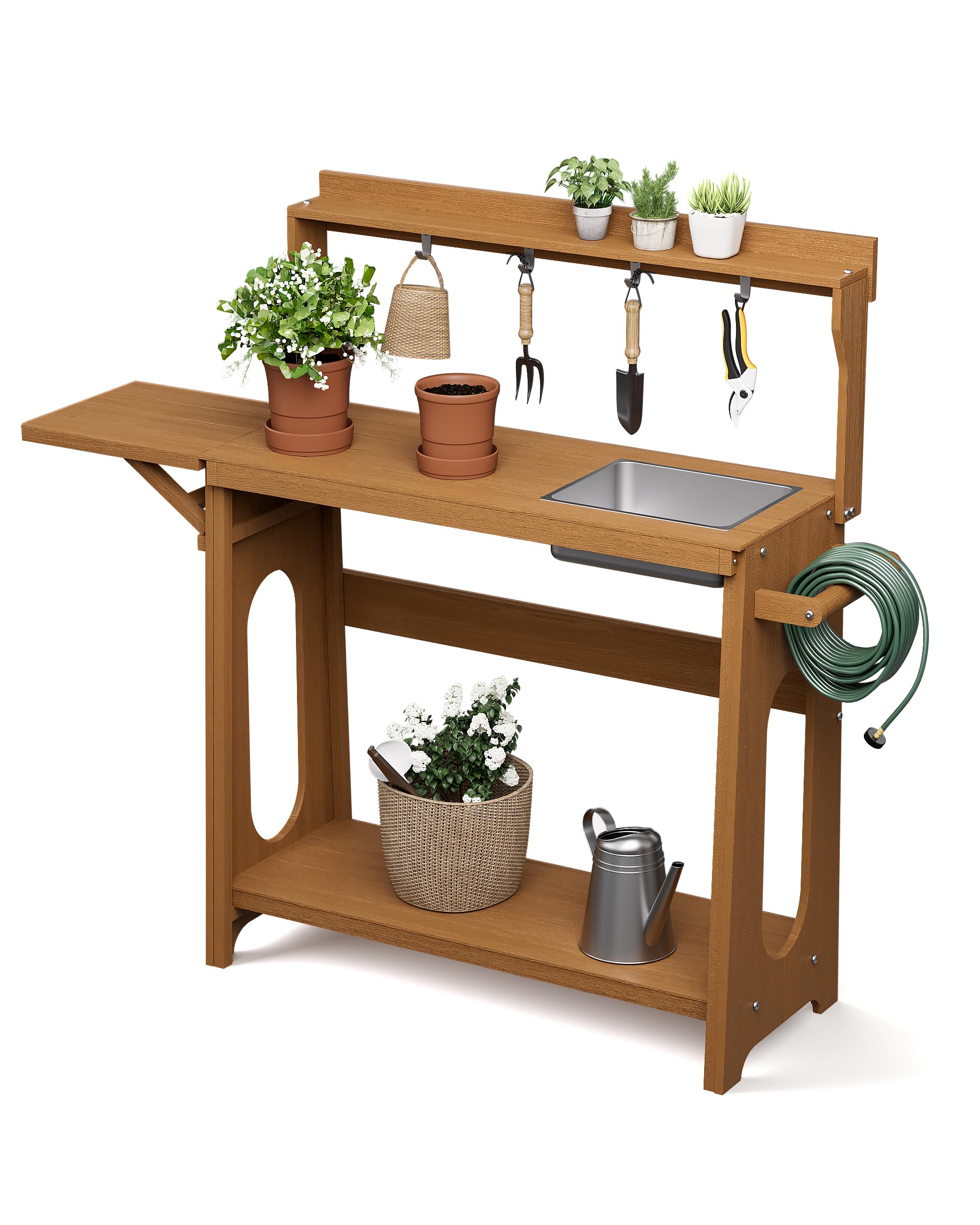 Pflanztisch Outdoor HIPS mit klappbarer Erweiterung, abnehmbarem Spülbecken, Gartentisch mit Ablagen & Werkzeughaken, wetterfest für Garten, Terrasse & Balkon(2 Stücke Teak-Optik) Garten