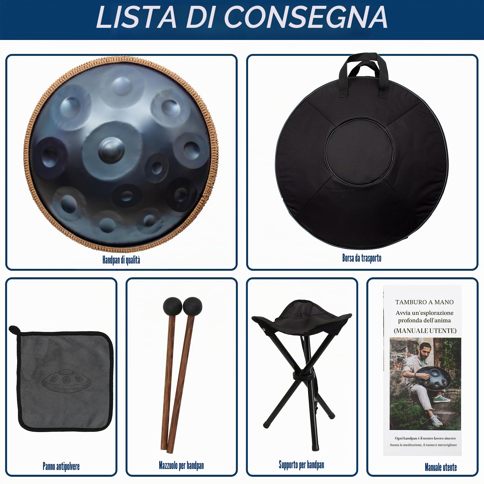 Handpan, Steel Drum, Hand Pan, Tamburo in Acciaio, Blu Notte | 440HZ 14 Note D Minore 22 Pollici 56cm Handpan Drum per Meditazione e Yoga, Tamburo a Mano con Borsa e Supporto