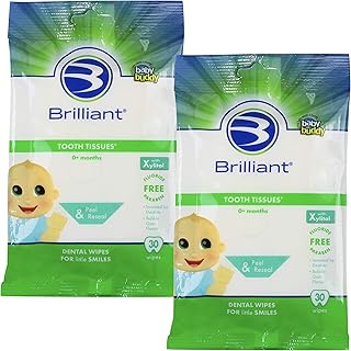 Brilliant Tooth Tissues with Xylitol, Teeth Wipes for Babies and Toddlers, Safe if Swallowed, Fluoride Free, 60 Count (2 Packs of 30)