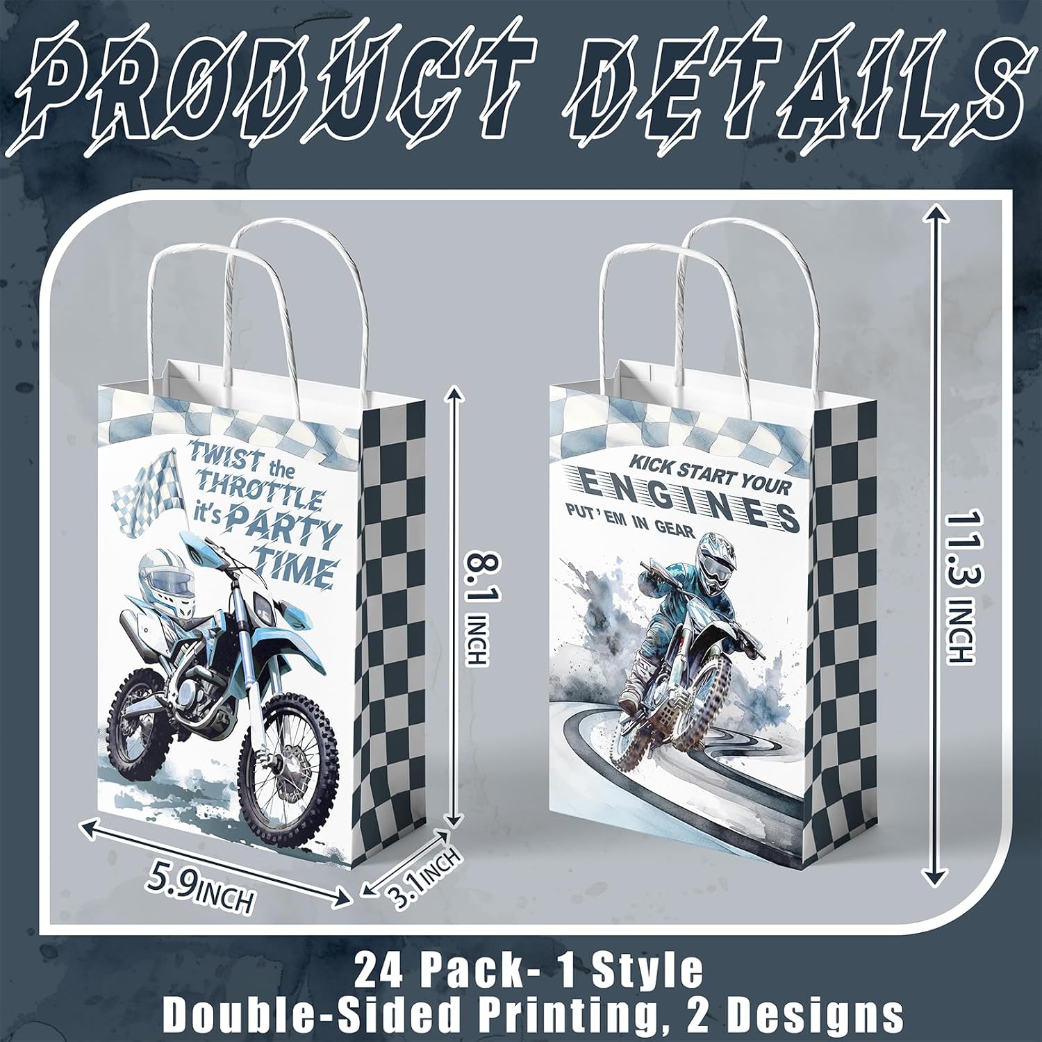 SamPartyShop 24 Pack Dirt Bike Party Favor Bags for Kids – Motocross Goodie Bags with Handles, Dirt Bike Birthday Decorations, Extreme Party Supplies for Boys