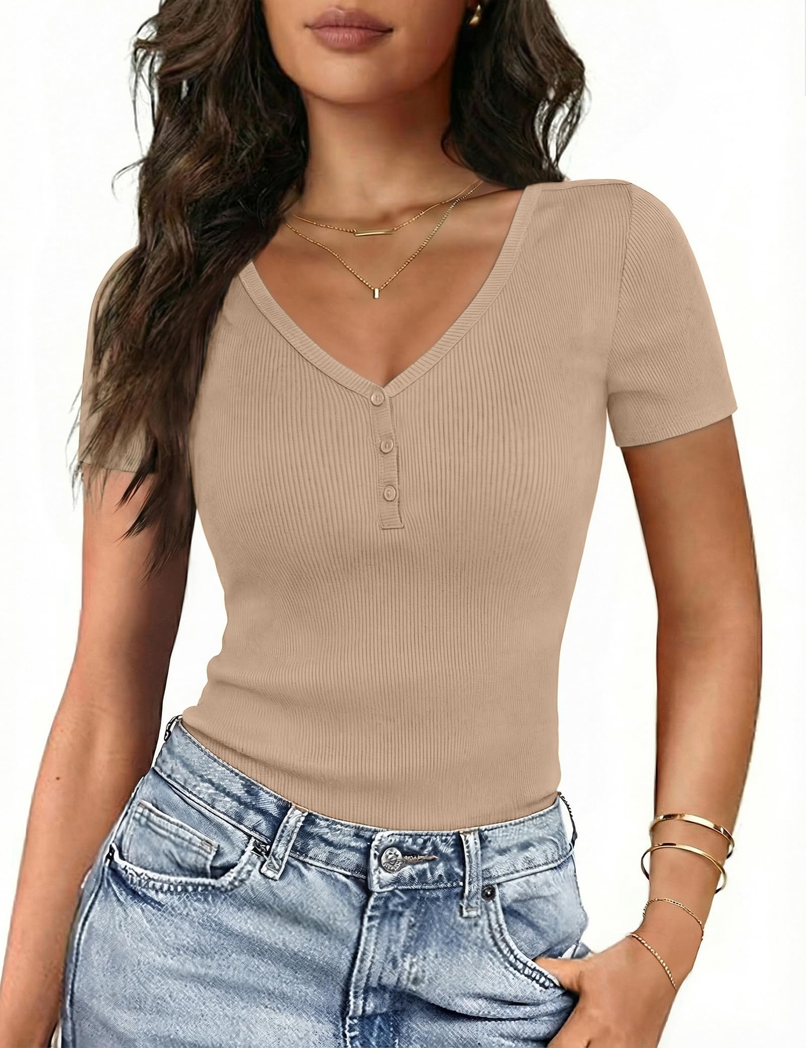 Gyabnw Damen Kurzarm T Shirt mit V Ausschnitt und Henley Knopfleiste Slim Fit Stretch Stoff weiches Elegantes Basic Shirt Sommer Oberteile Damen