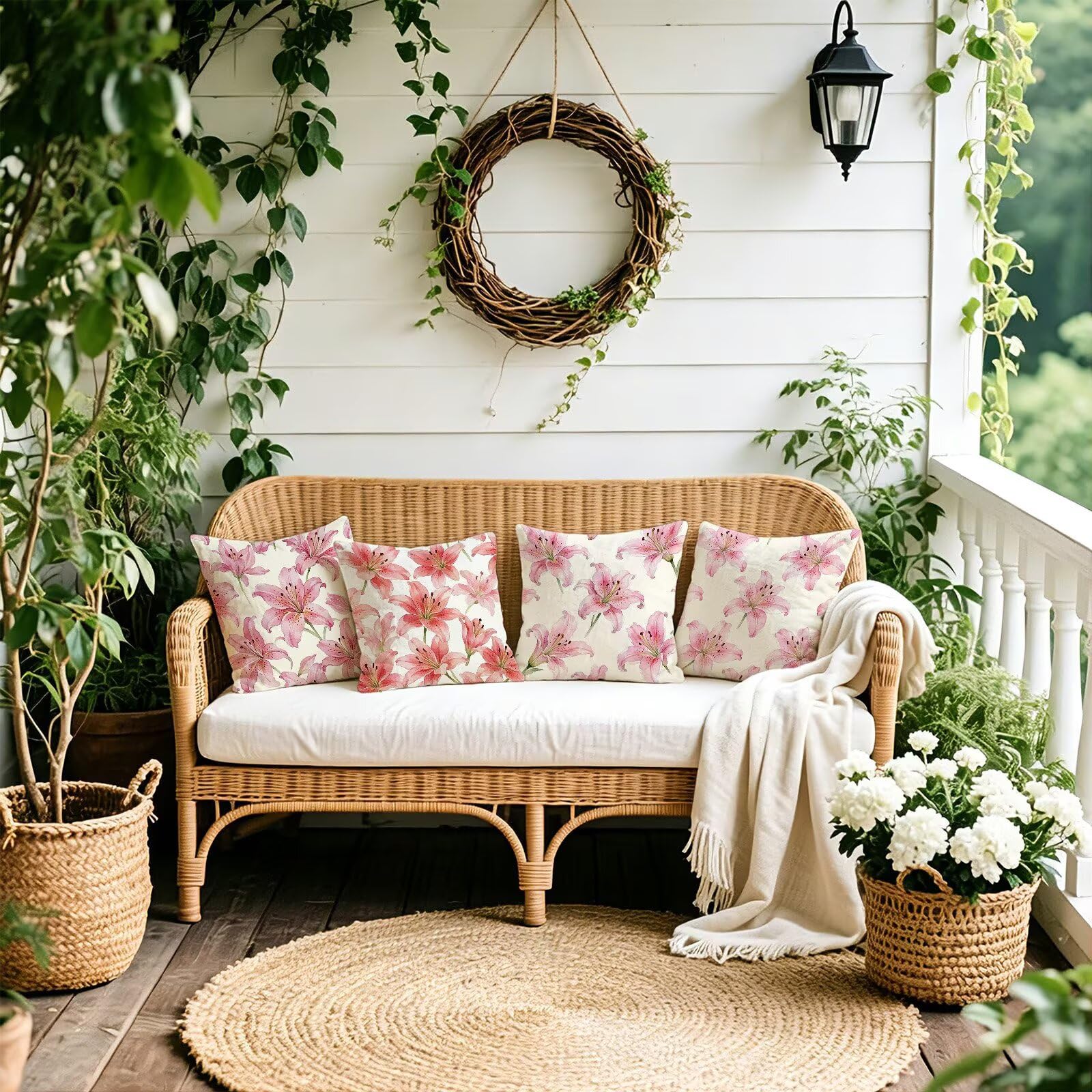 Rosa Federe Cuscini Divano 60x60cm, Cuscini da Esterno Set de 4, Cod-107 | Velour Copricuscini Decorativi Letto Arredo, per Letto, Soggiorno, Giardino, Esterno, Casa Decorazione Set di 4 Giglio