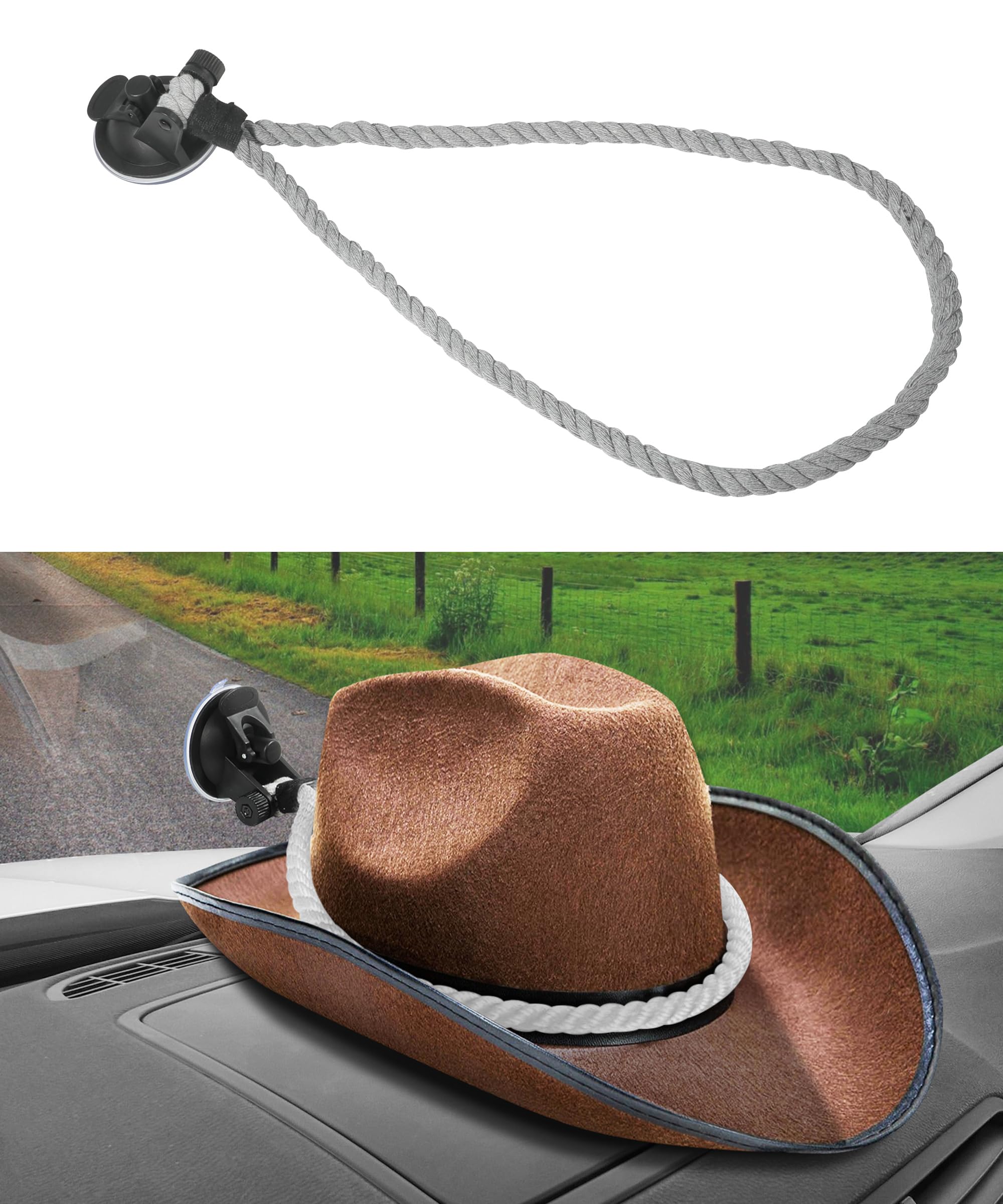 Car Hat Mounts with Suction Cup,Cowboy Hat Holder Rack for Seat,Car Accessories Handmade Rope Hat Holder for Car SUV and Home,Use to Keeps Your Hat Securely On The Dash (Gray)