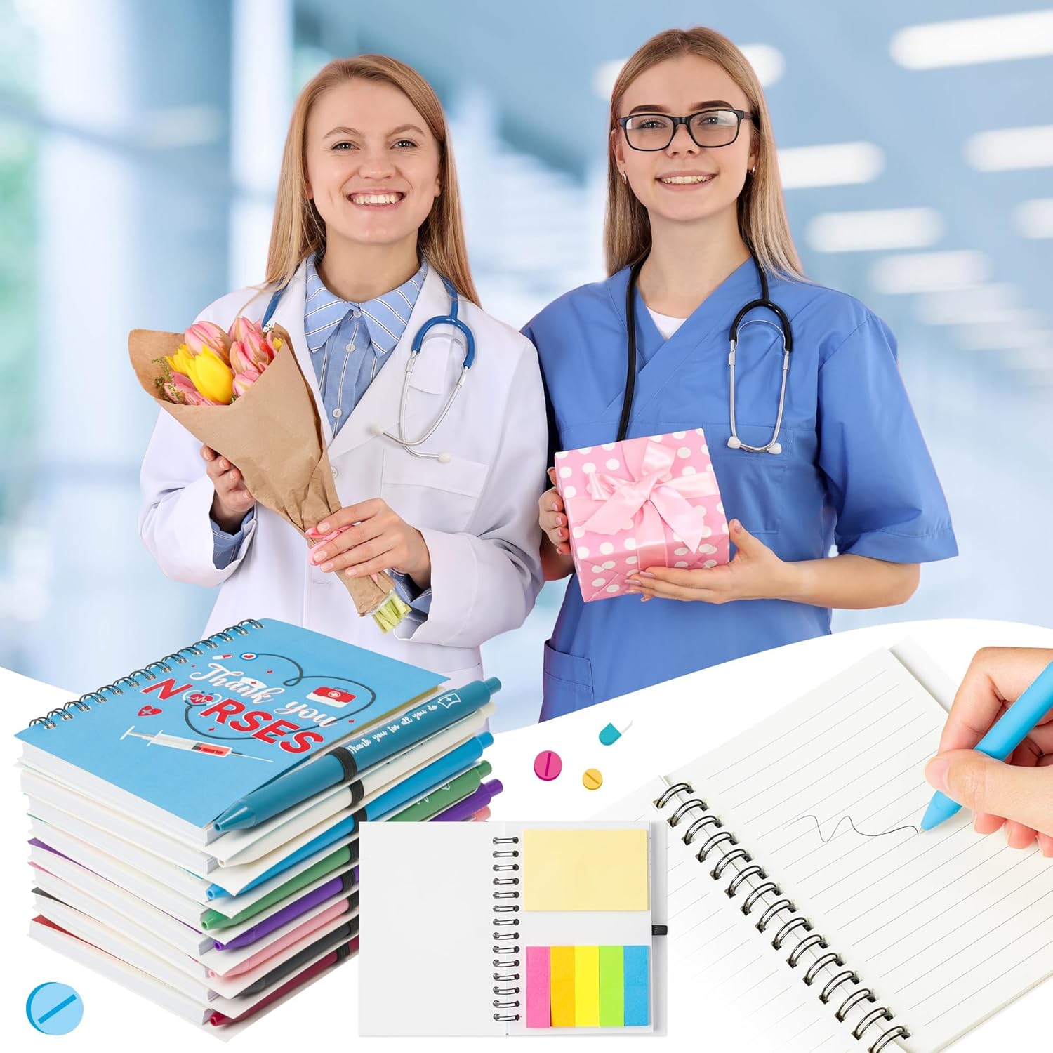 ANGOLIO 48Pcs Nurse Employee Appreciation Gifts Bulk Inspirational Spiral Notebook with Note Ballpoint Pen Thank You Gifts for Nursing Worker Staff Coworker Students