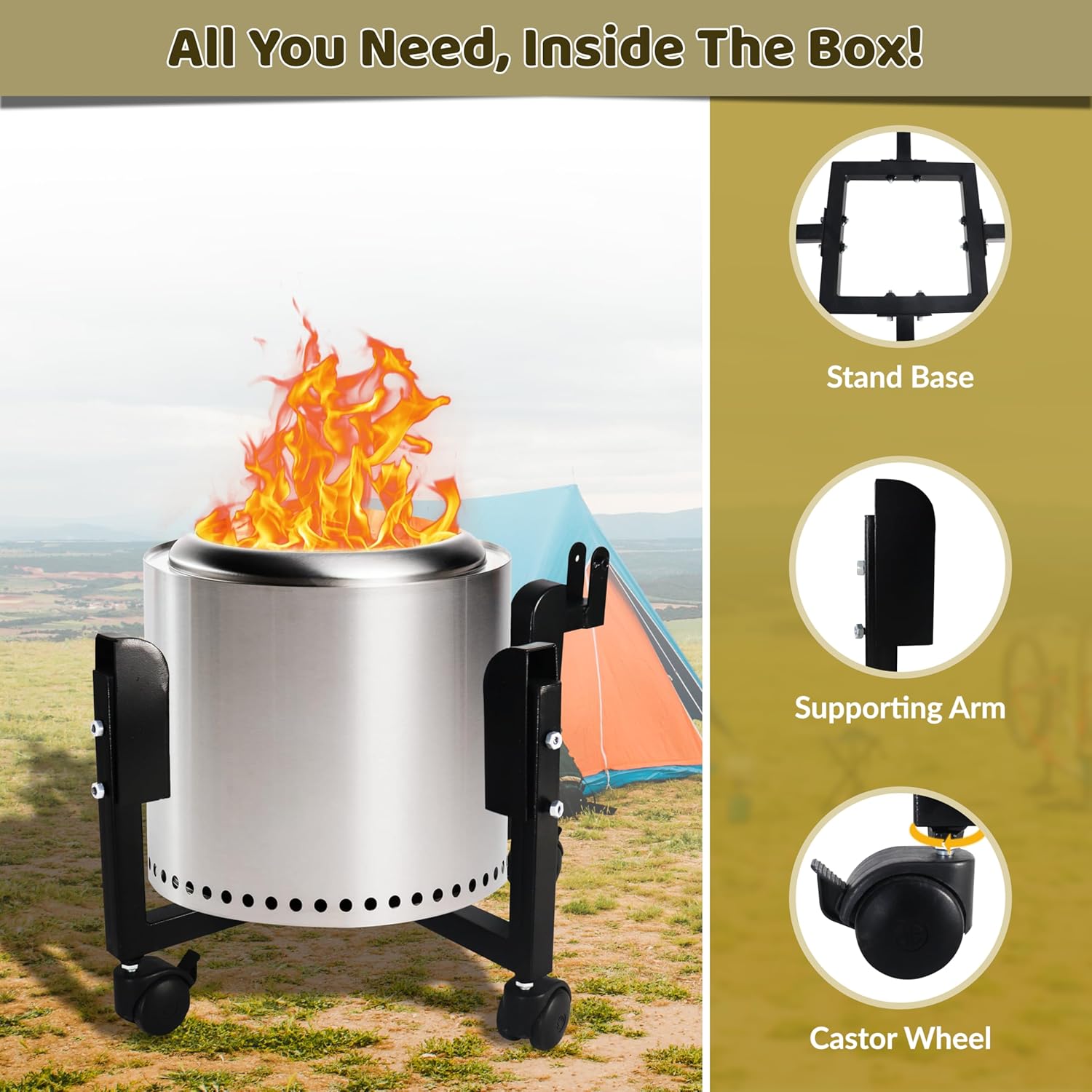 FEBTECH -22 inch Portable Firepit Trolley Stand Compatible with Solo Stove Bonfire and Other 19.5 Inch Firepit - Fire Pit Stand with Support Arm for Effortless Mobility- Solo Stove Accessories
