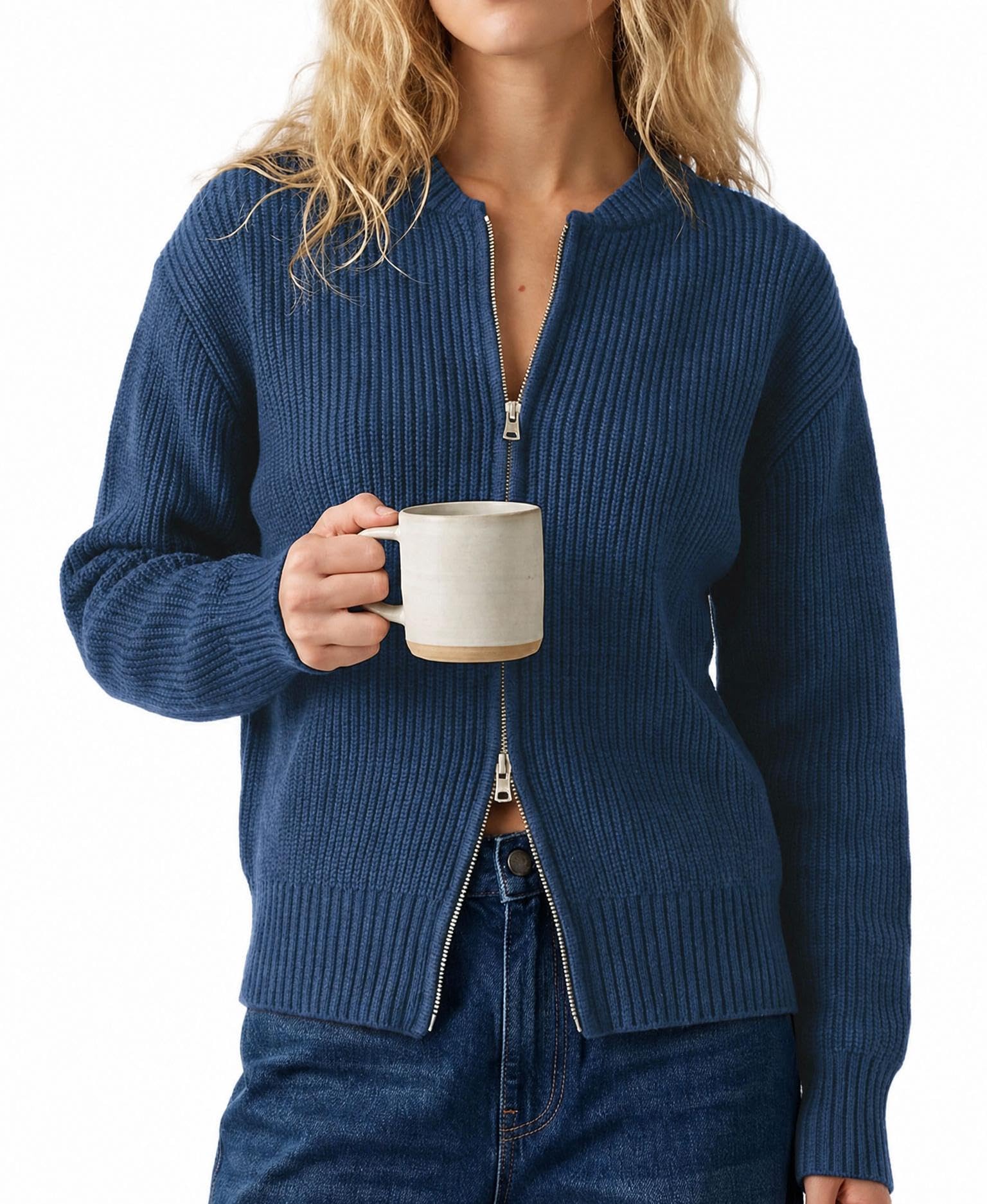 Saodimallsu Damen Langarm Strickjacke mit Reißverschluss Strick Jacke