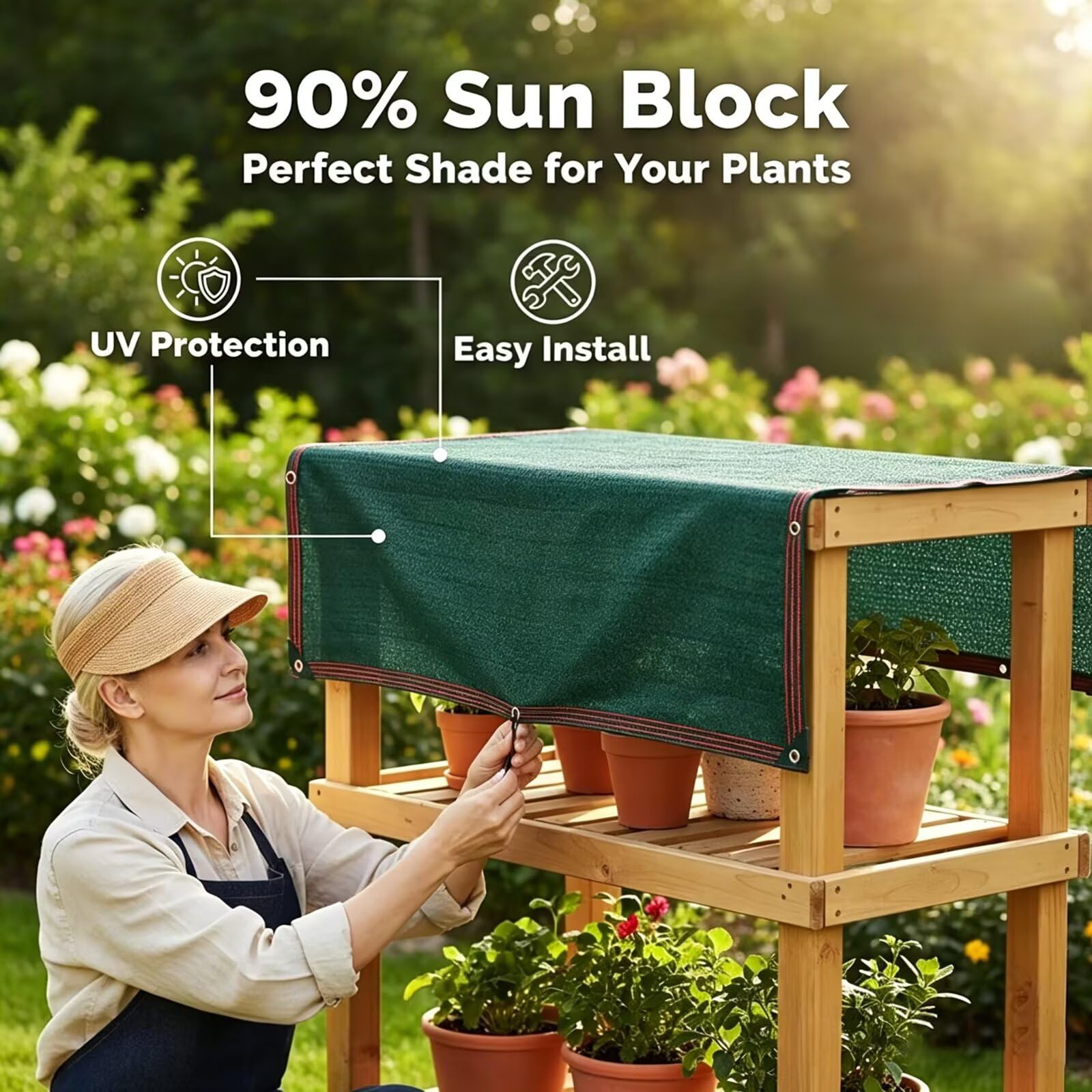 90% Sun - Lona de malla verde oscuro de 25 x 25 pies con ojales para patio al aire libre, invernadero, pollo, balcón, protección UV y cubierta de protección solar