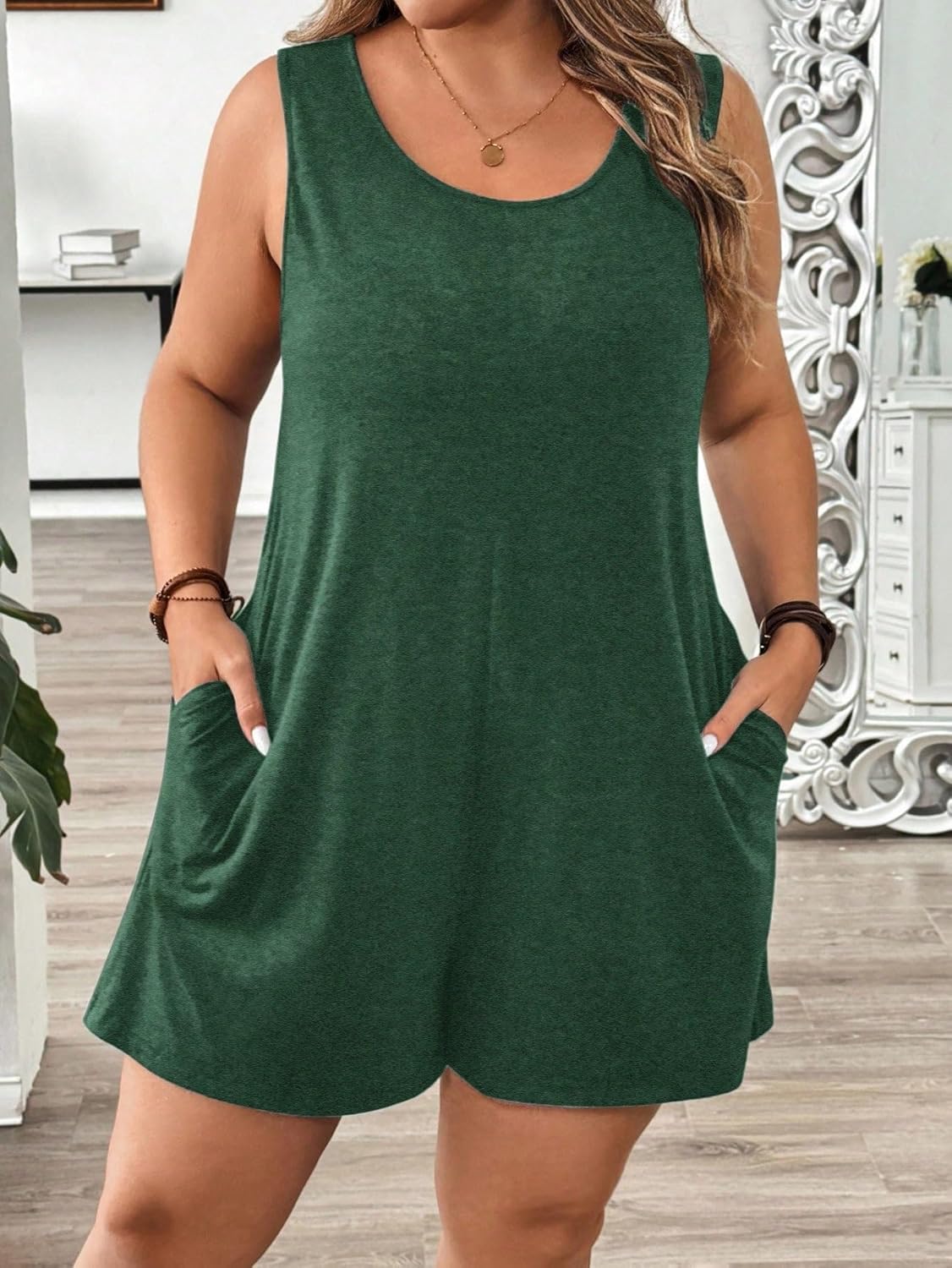 Rompers for Women Summer 2026 Plus Size Pocket Round Neck Casual Knit Sleeveless Romper Dress