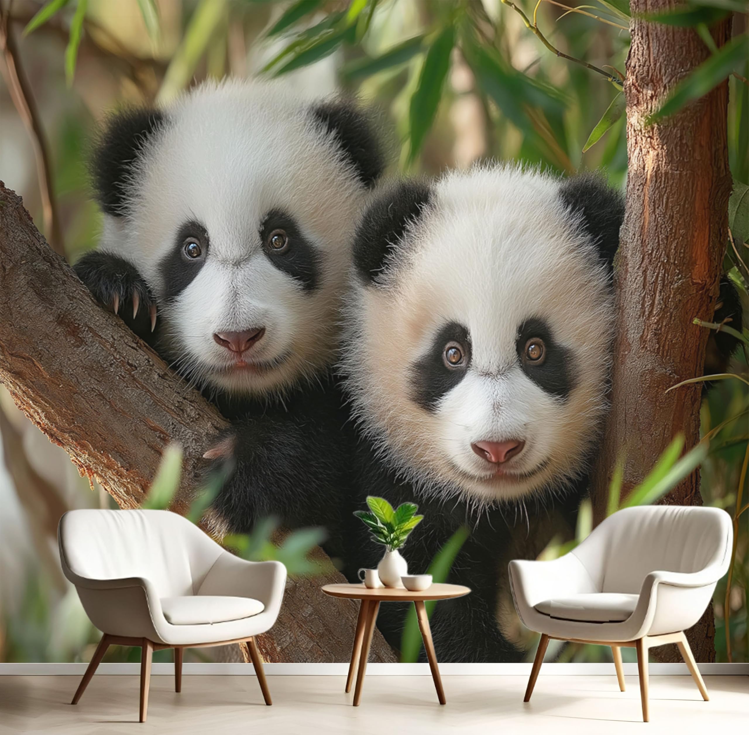 Papier peint panoramique forêt de bambous et panda mignon 250x175 cm pour décoration murale de salon
