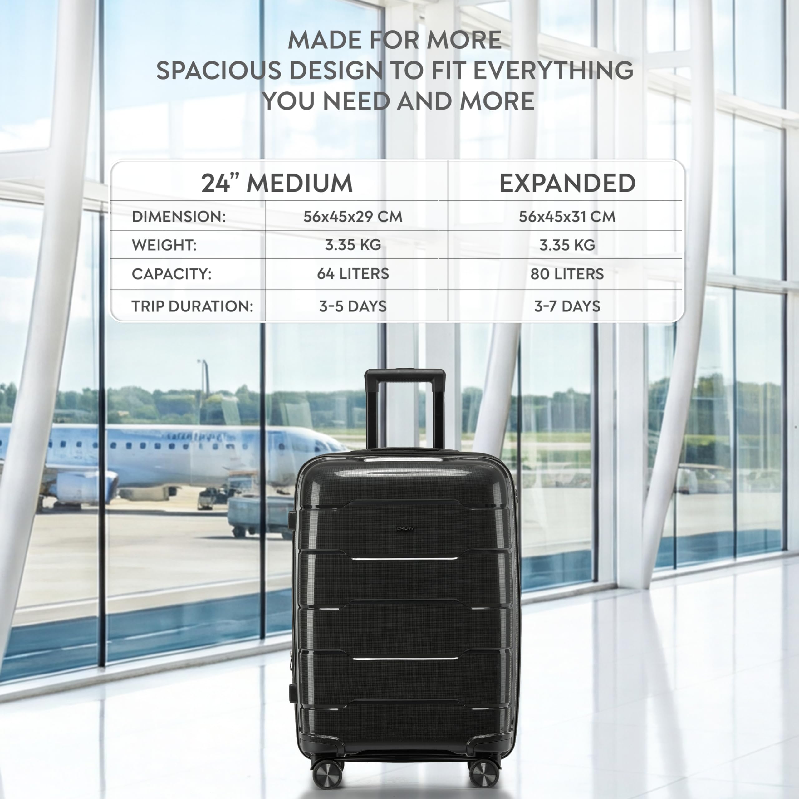 CRUW Medium 24" Checked Luggage 56x45x29cm + Expandable Hold Baggage (64/80 Liters) Polypropylene Suitcase TSA Approved Lock 8 Silent Spinner Wheels Lightweight Suitcases Airline-Approved Travel
