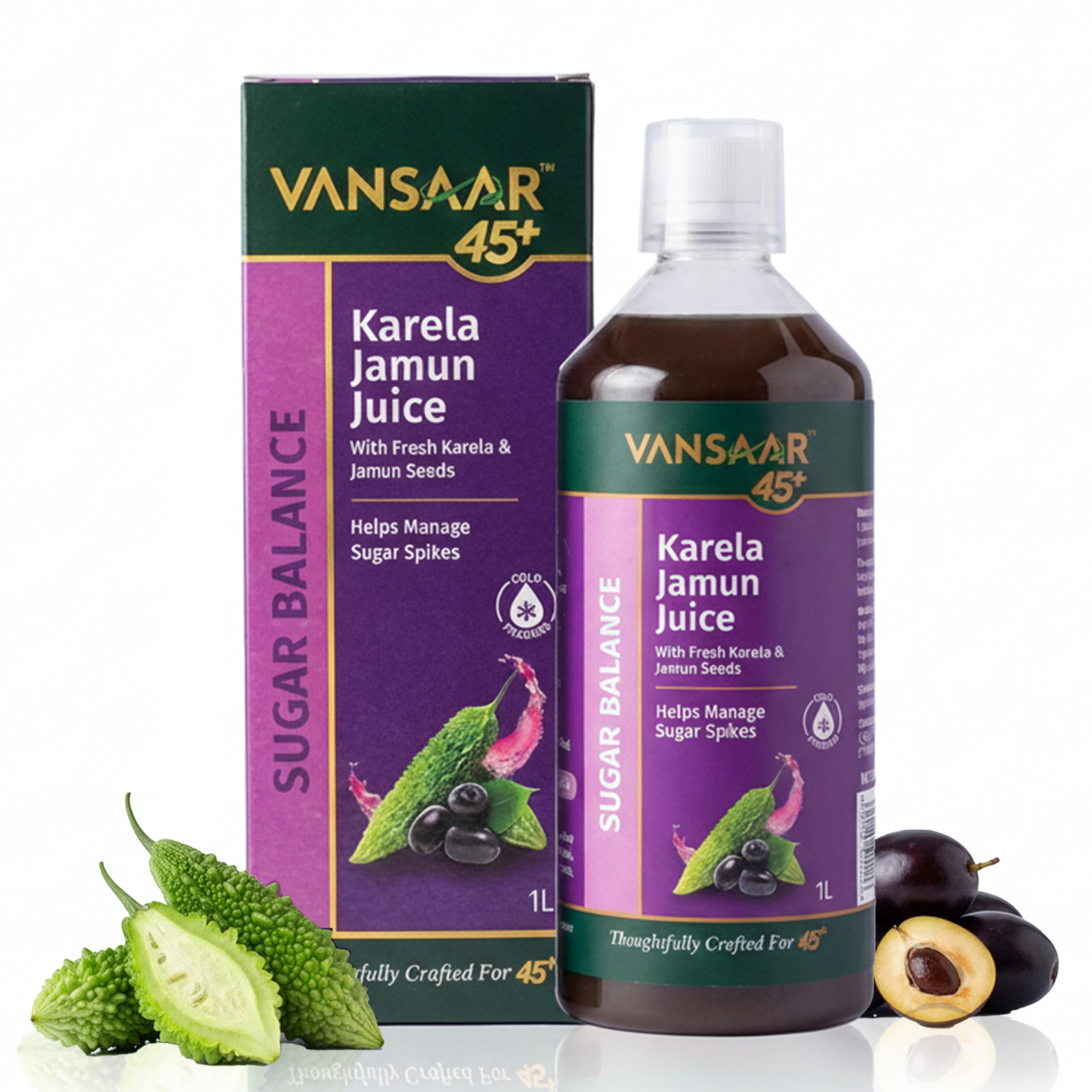 Vansaar 45+ Karela Jamun Juice 1 litre | Natural Sugar Control Juice for Diabetic Care | Manage Blood Sugar Levels with Fresh Karela & Kala Jamun| Sugar Free Juice for Diabetes & Pre - Diabetes care