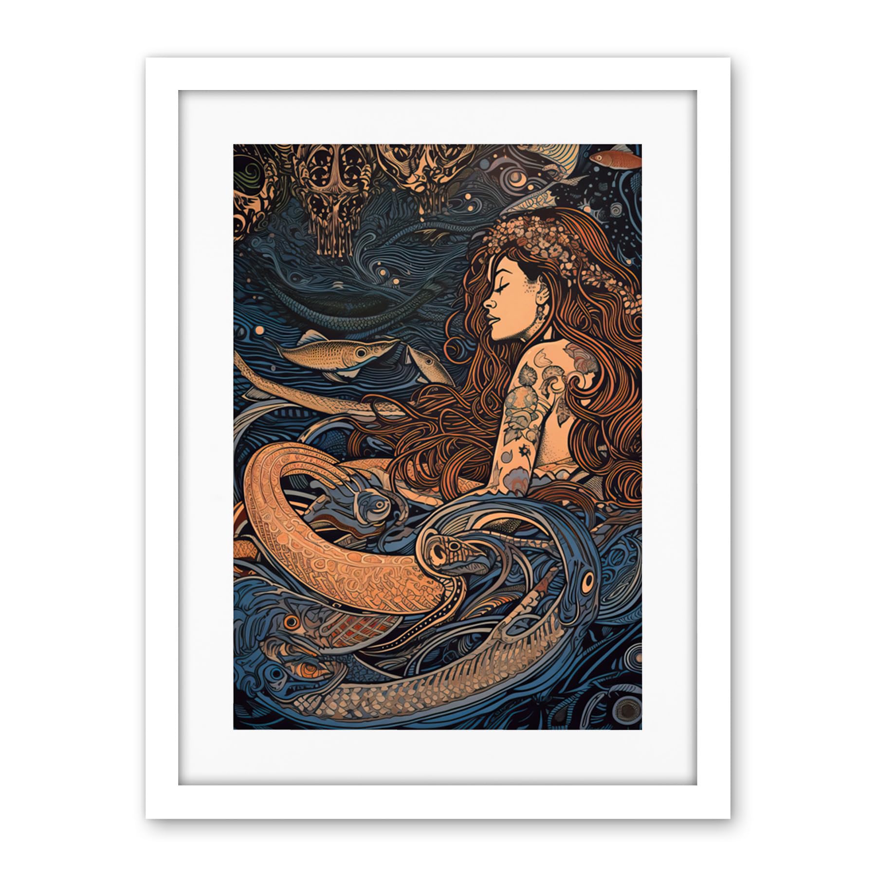 Artery8 Little Mermaid and Aquatic Animals Illustration Artwork Framed Wall Art Print 18X24 Inch