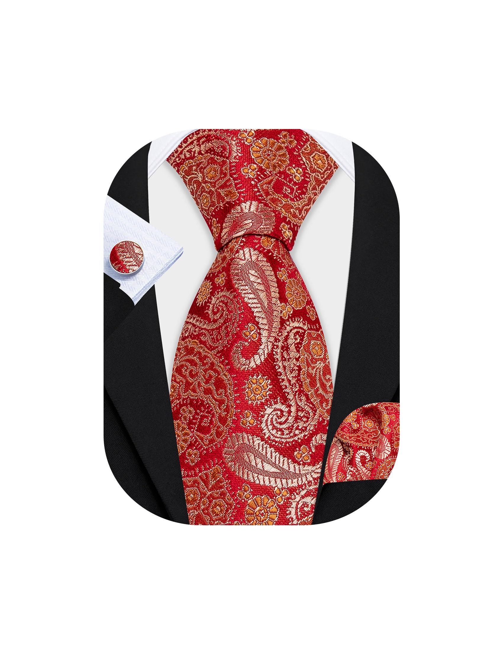 Barry.Wang Men Tie Set Floral Paisley Silk Necktie Pocket Square Cufflinks