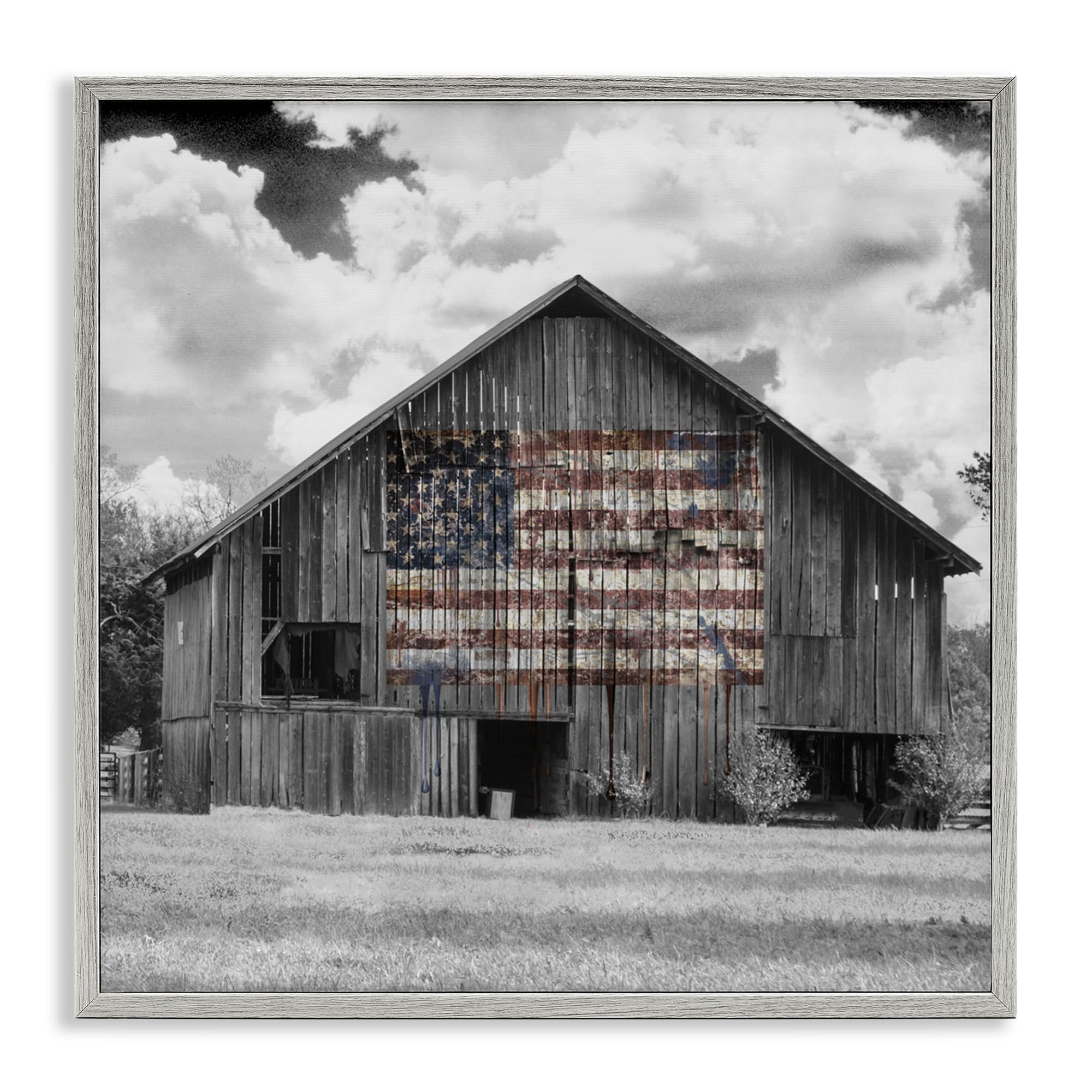 Impression giclée drapeau américain monochrome gris Stupell Industries tableau mural 61x61