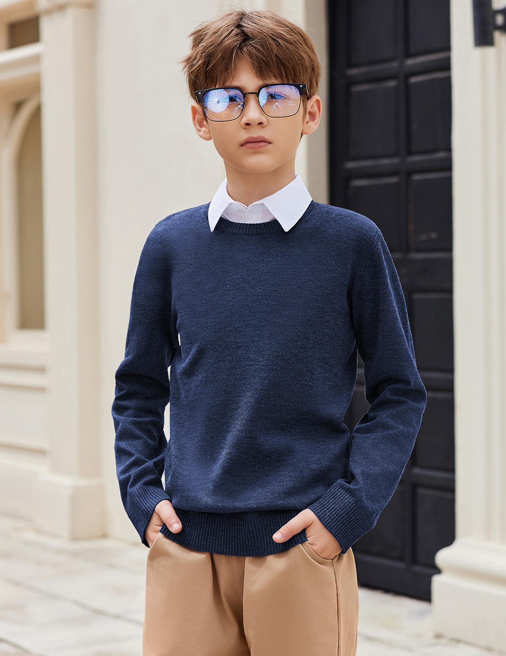 Arshiner Pull en Maille à Manches Longues pour garçon Automne/Hiver Couleur Unie col Rond Pull Basique pour Uniforme Scolaire Chemise à Manches Longues pour Enfants de 5 à 12 Ans