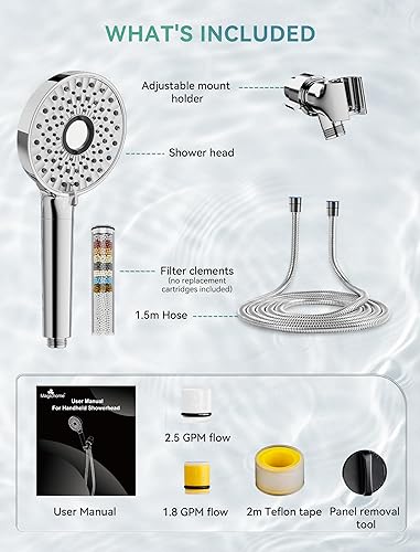 Miniatura 9 de Cabezal de ducha de 10 ajustes con cabezal de ducha de mano de alta presión de mano cromado desmontable con manguera de acero inoxidable de 59