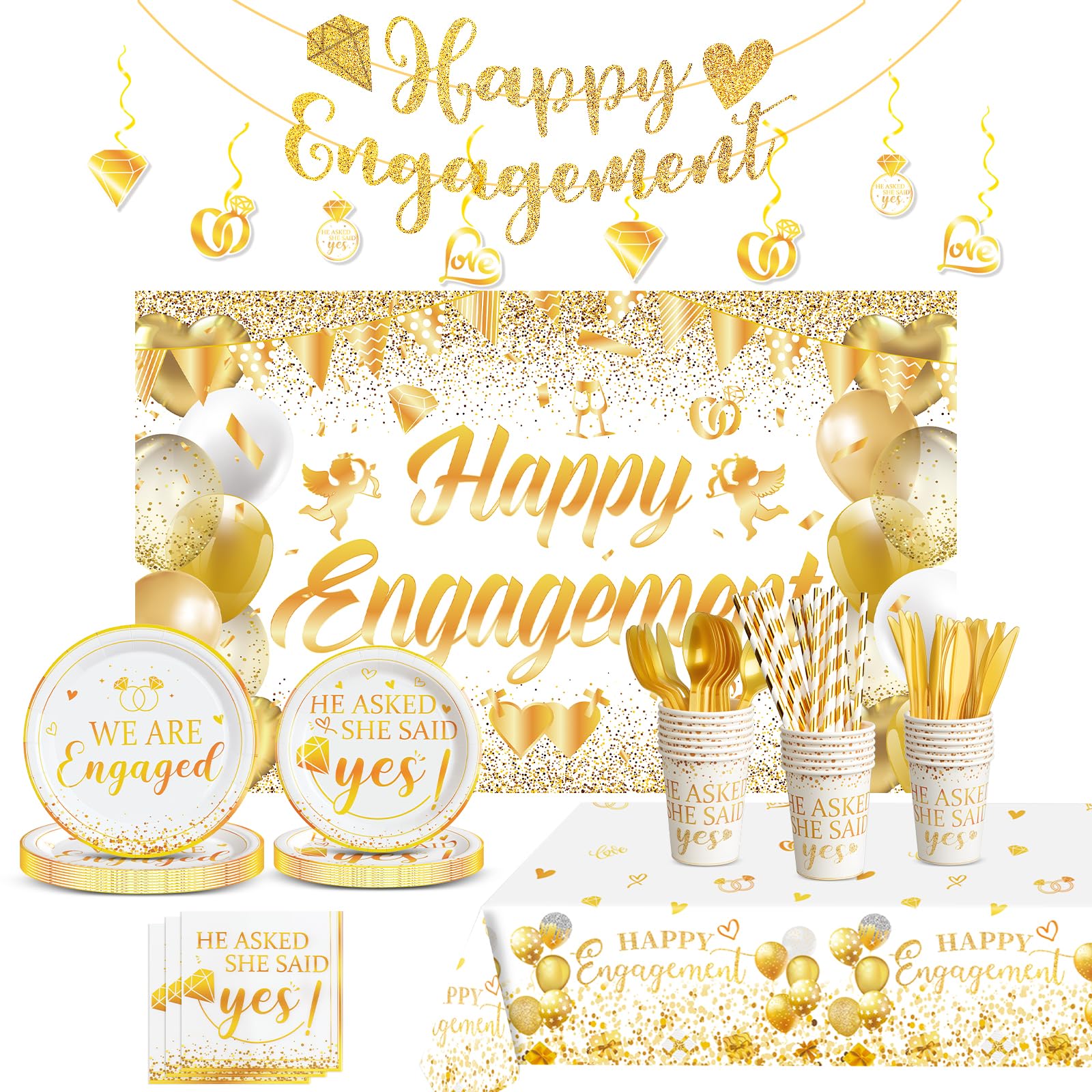 Engagement Party Decorations, Happy Engagement Party Supplies Kit, He Asked She Said Yes Paper Plates Napkins Disposable Dinnerware Tablecloth