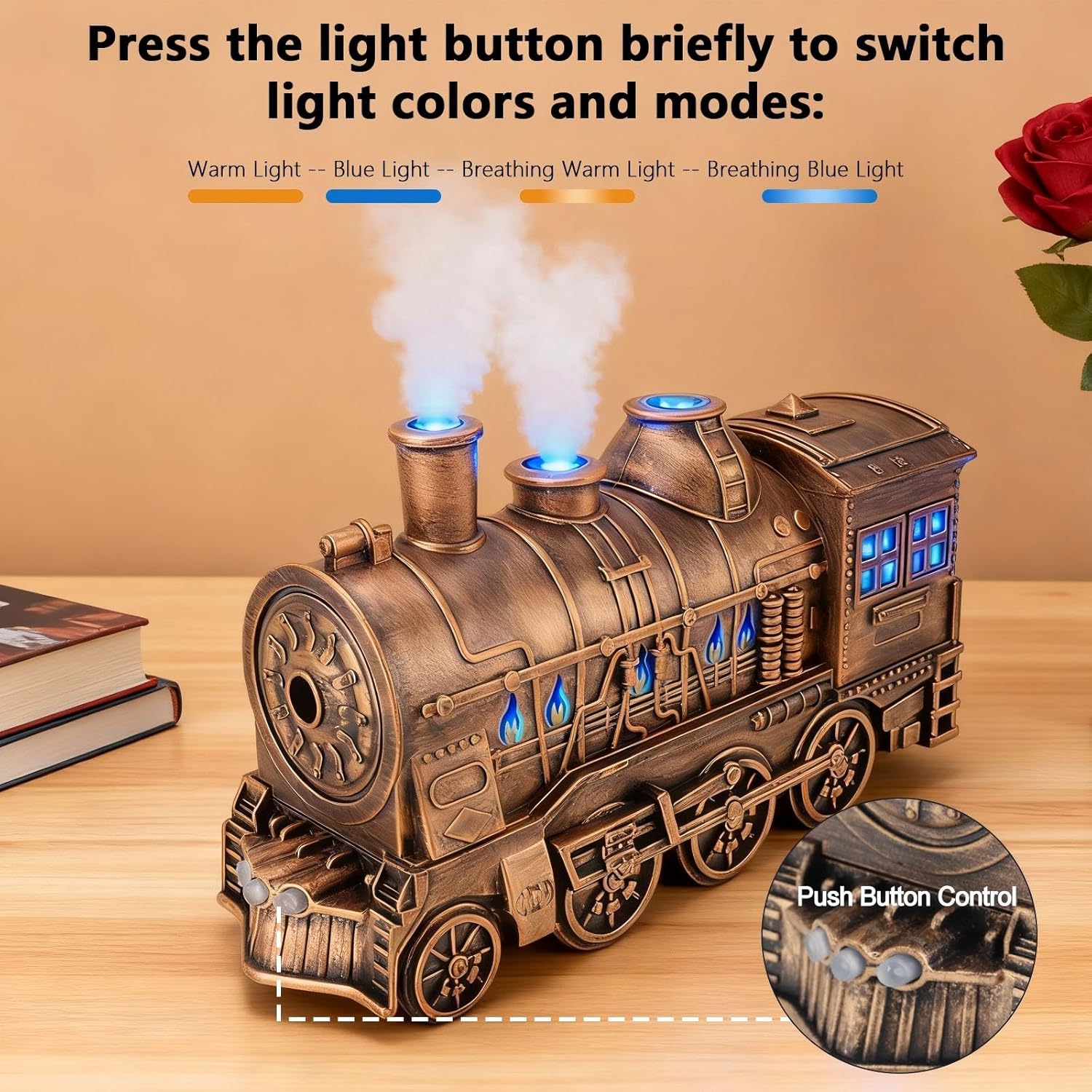 Train Humidifiers, Dual Mist Outlets, 300ml Capacity, Jellyfish shaped Cool Mist Train Humidifier, Aroma Diffuser, Mist Humidifiers with 2/8 Hours Timing Function (Bronze)