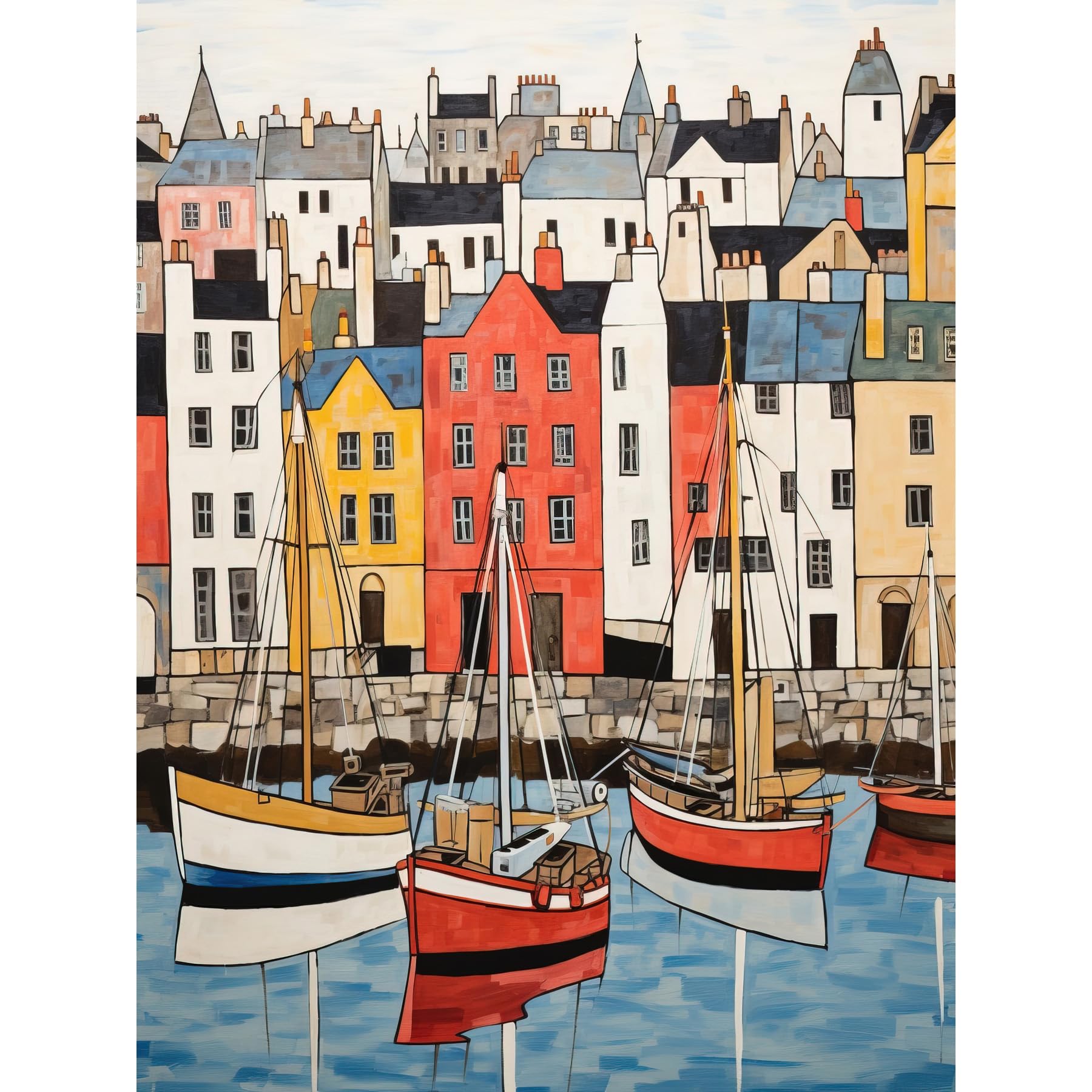 Colourful Town Harbour Painting Fishing Boats Coastal Huge Wall Art Print 18X24""