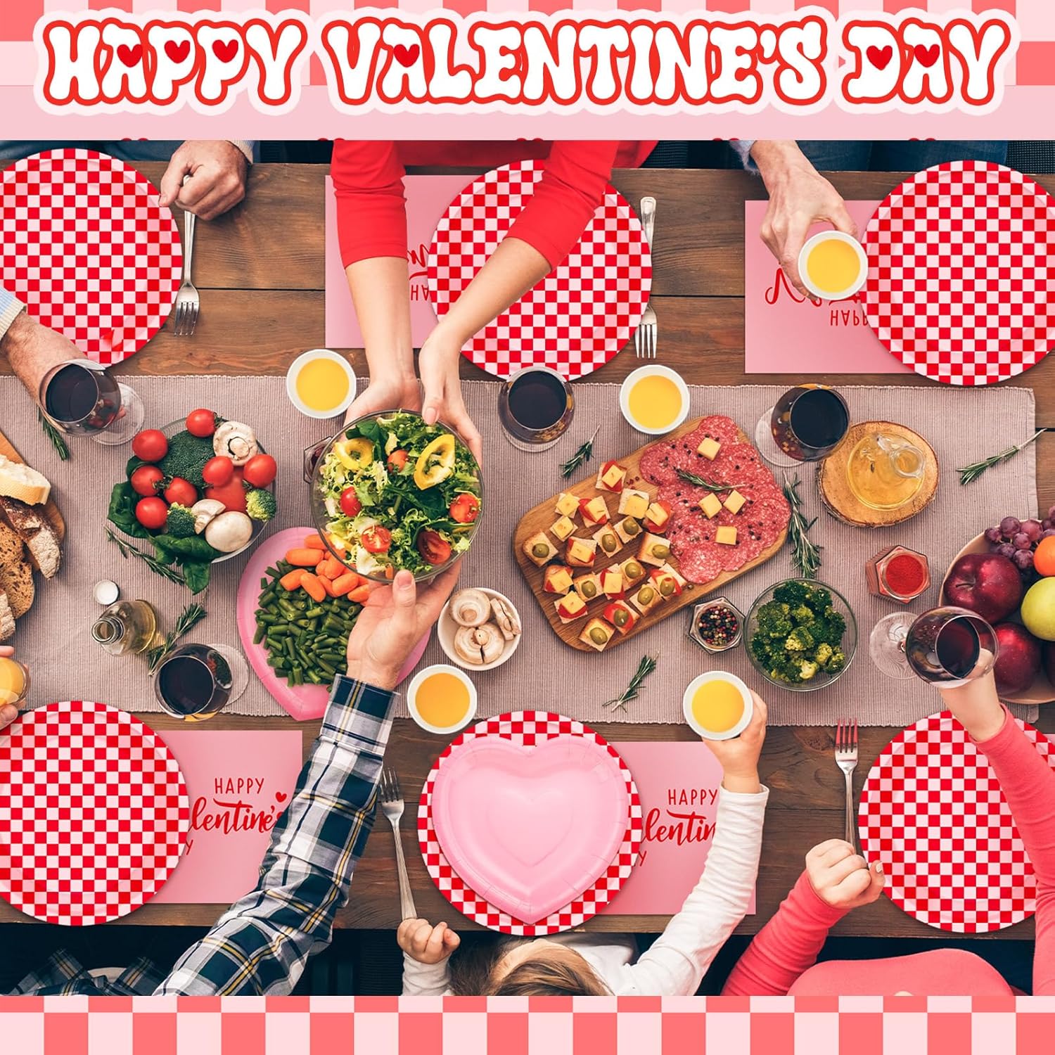 Zhehao 112 Pcs Valentine's Day Party Supplies Set for 24 Guests Paper Plates 9 oz Cups Napkins and Cutlery Pink and Red Plaid Ladies Celebration Party Decor Women Supplies