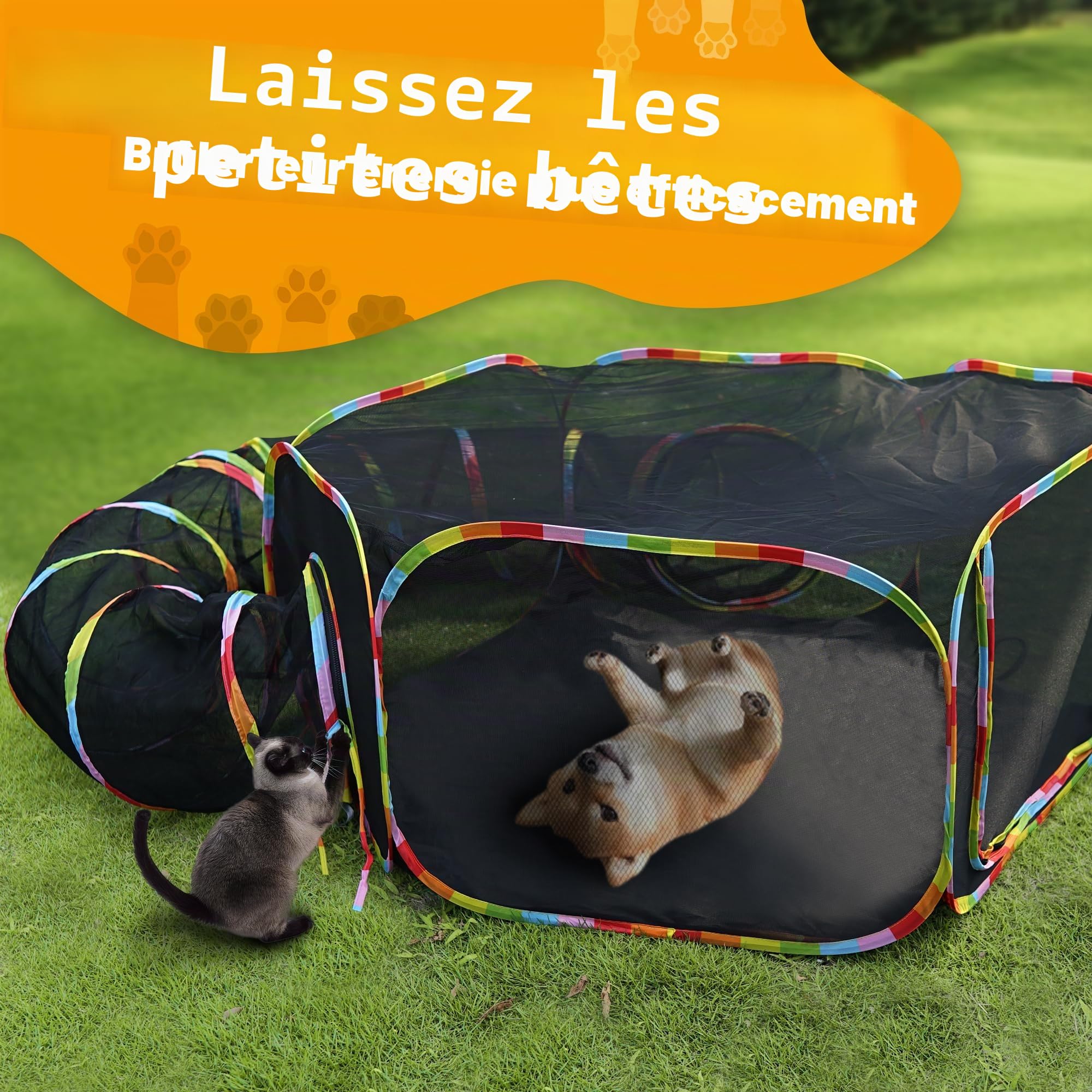 Tunnel d'extérieur pour chat et tente de jeu, couleur arc-en-ciel, clôture en maille avec tunnel de connexion