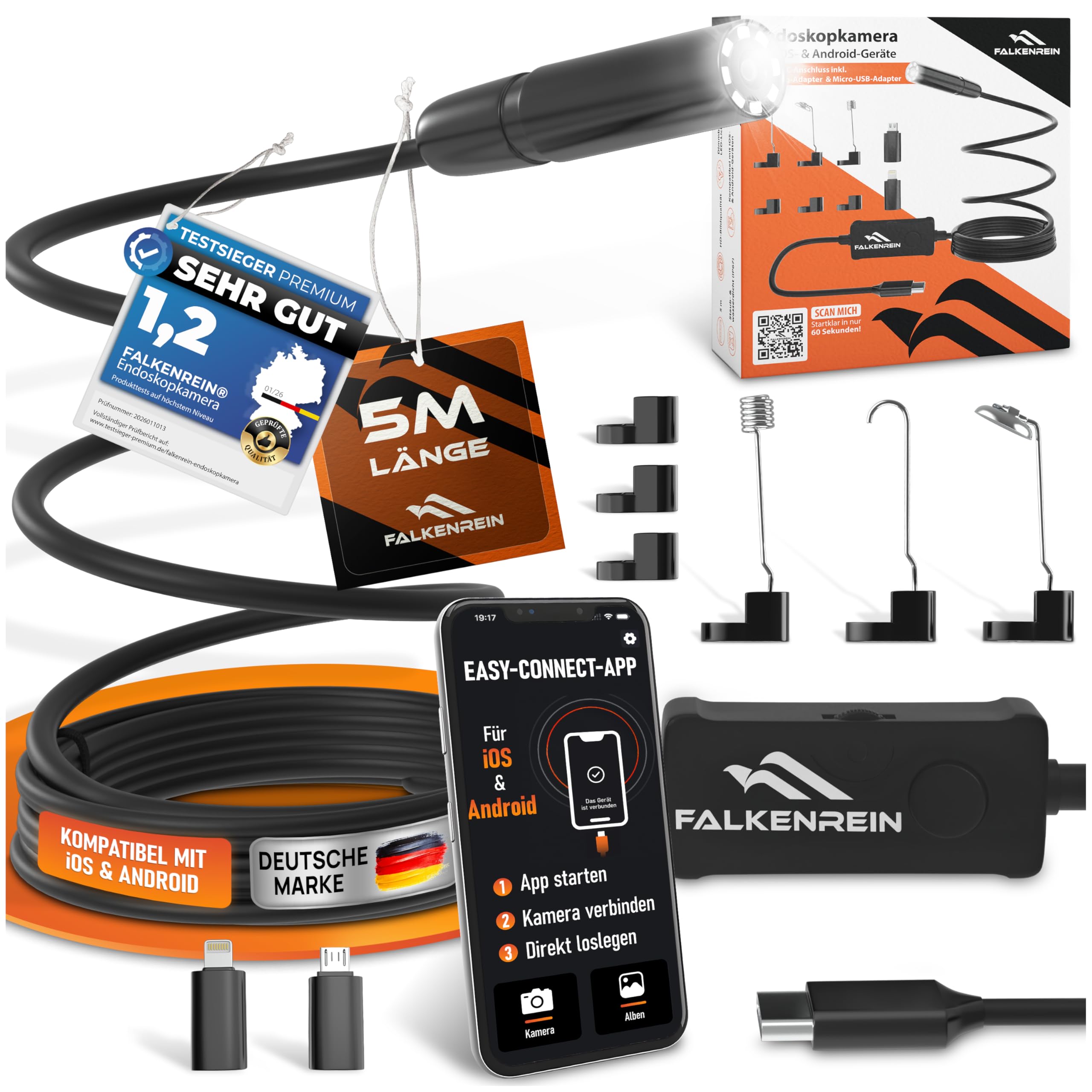 Smart Inspect Set – fotocamera endoscopio con luce e pratici accessori, compatibile con iOS e Android, fotocamera endoscopio di alta qualità per ispezioni senza sforzo di scarico, auto