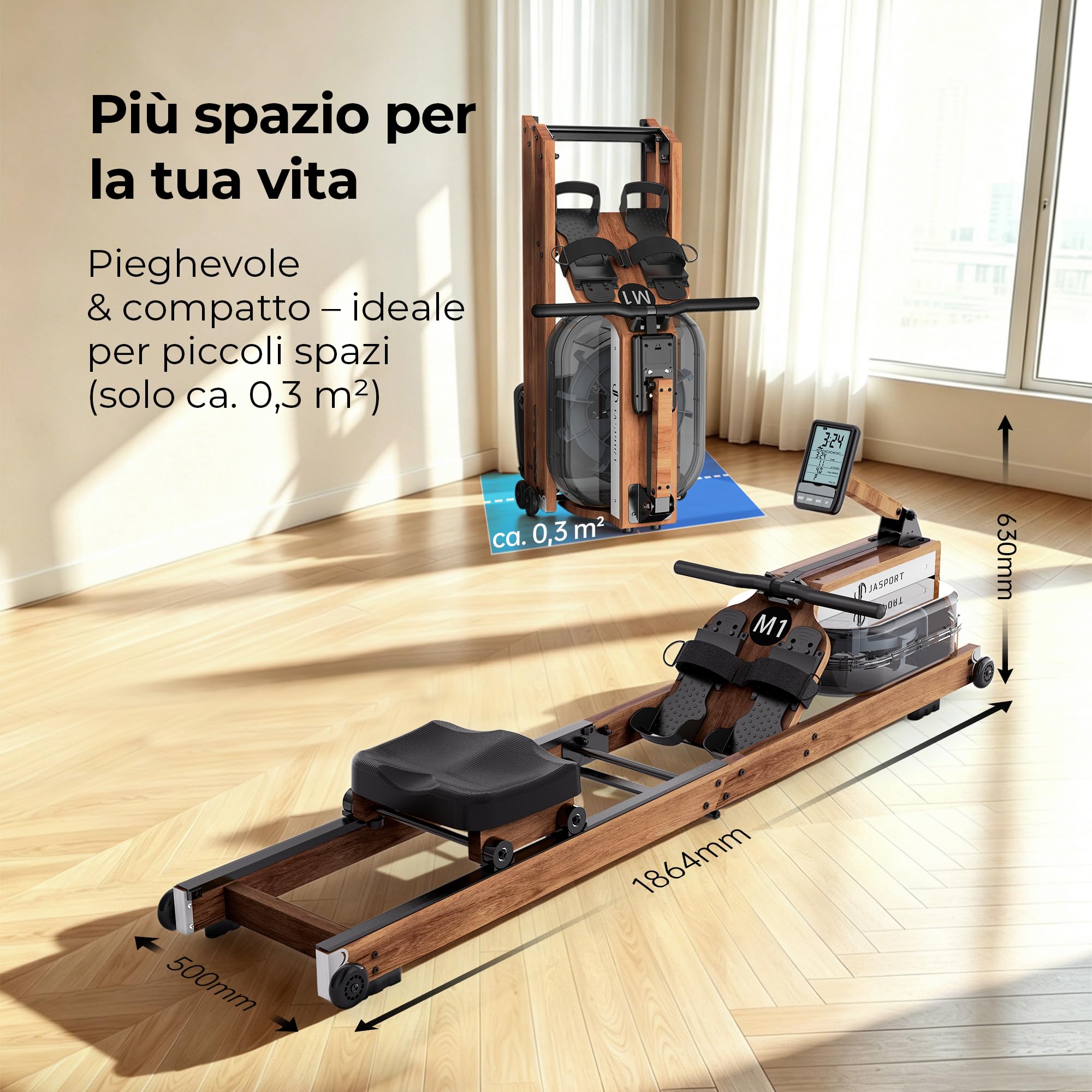 M1 vogatore casa pieghevole e salvaspazio, in legno di gomma certificato FSC, con serbatoio dell'acqua da 20 l, monitor LCD, Bluetooth, compatibile con Kinomap, supporto per tablet, portata