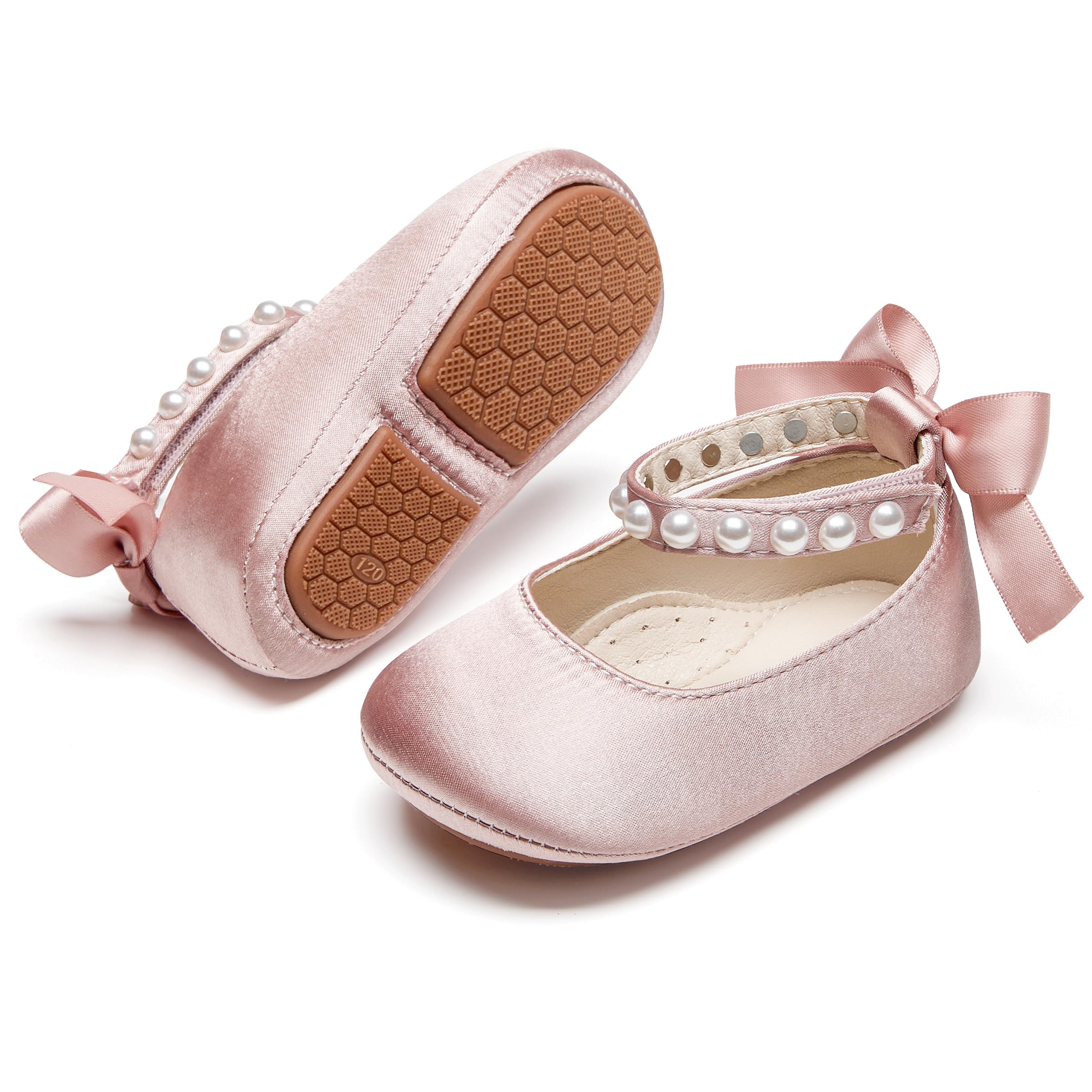 PHIRAMIN Baby Girls Mary Jane Flats - Infant Newborn Walking Shoes Soft Rubber Sole Princess Wedding