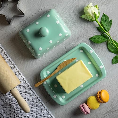Miniatura 6 de City to Cottage Mantequillera grande con tapa para encimera, mantequillera de cerámica, recipiente de mantequilla con asa, bandeja para mantequilla