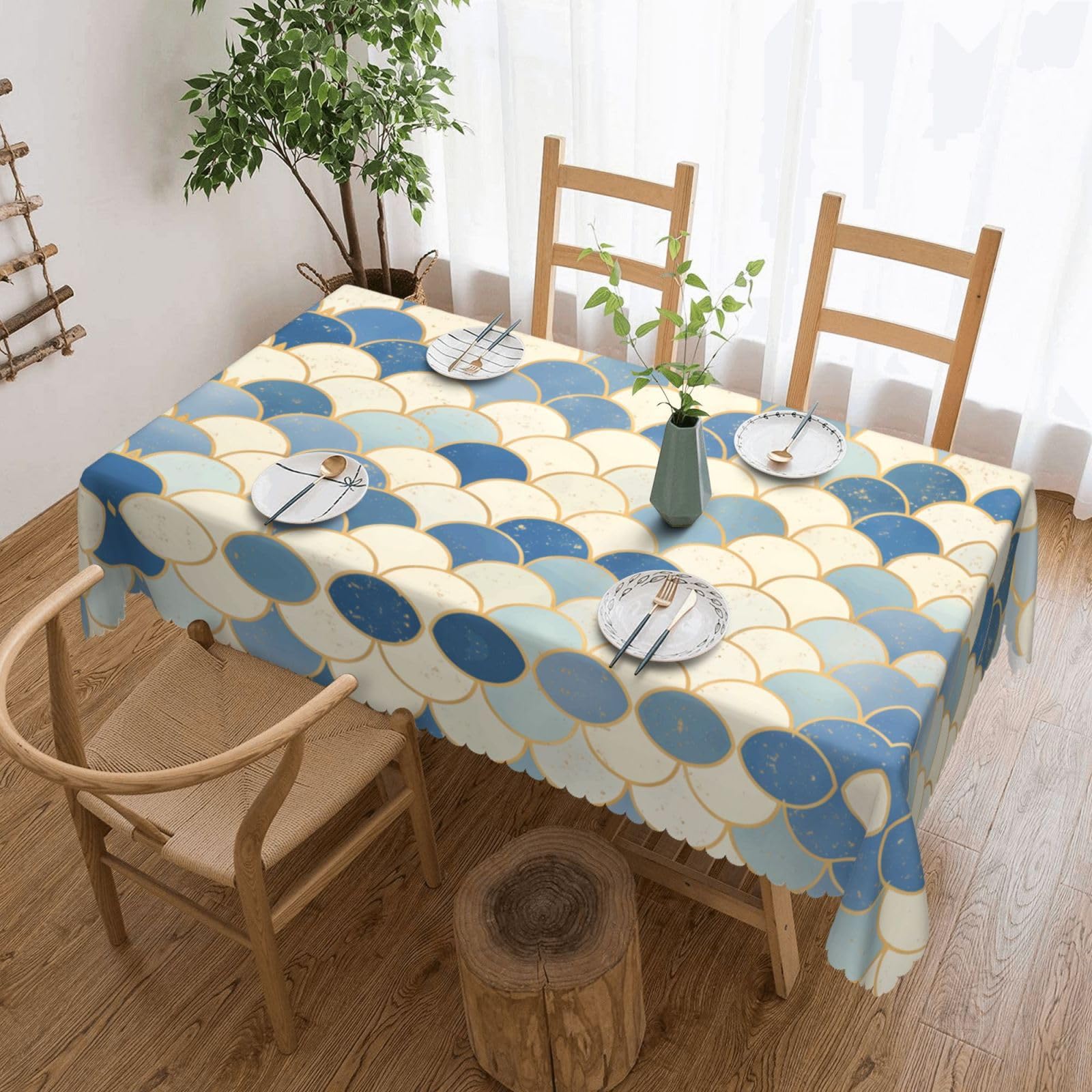 QAZWZML Blue fish scales Printed tablecloth, made of thick polyester with lace trim, suitable for dining rooms, picnics, and weddings