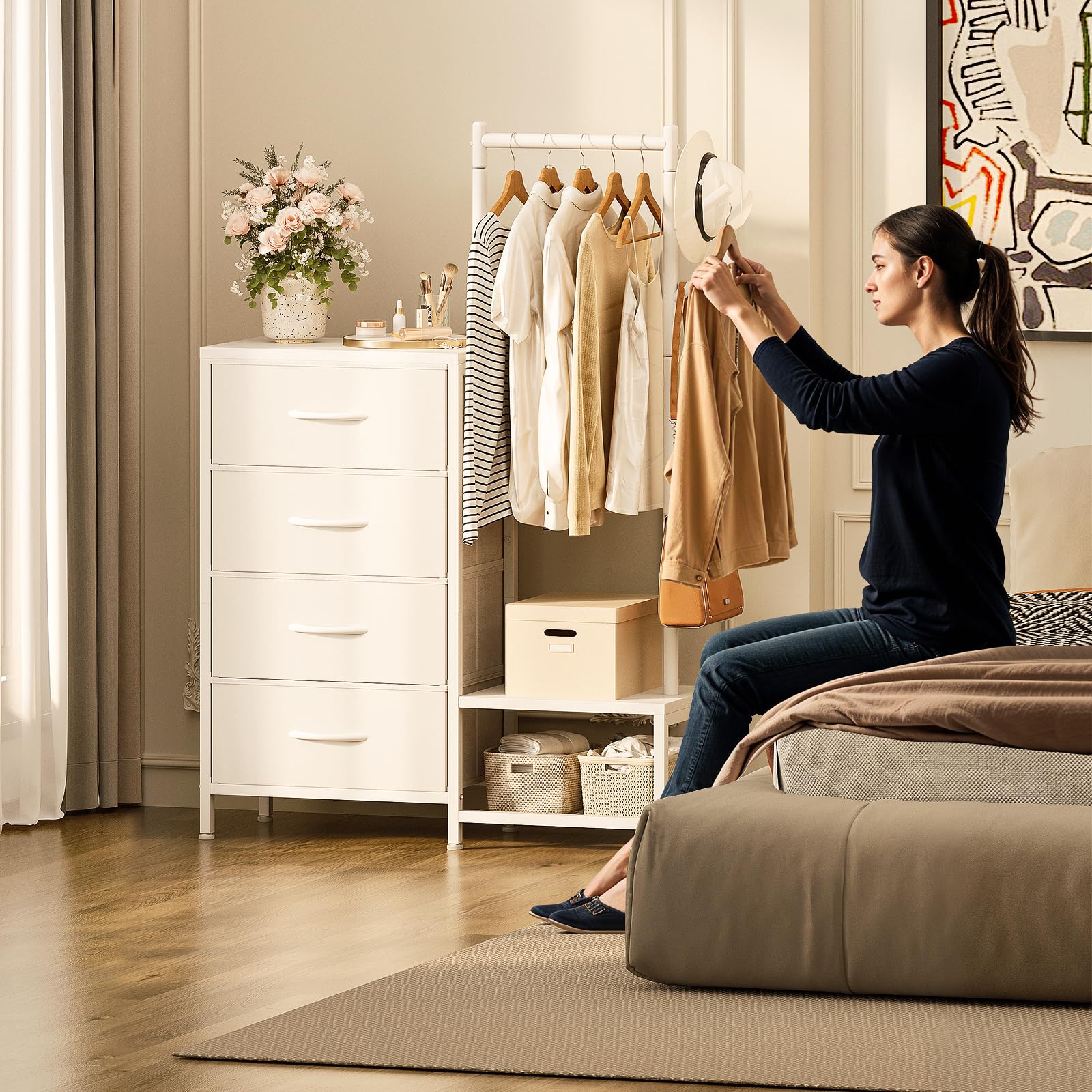 ODK Cassettiera Camera da Letto 3 in 1, con un Appendiabiti da Terra, Doppia Scarpiera e Due Ganci per Cappotti, con 4 Cassetti in Tessuto, Adatto a Camere da Letto e Ingressi, Bianco
