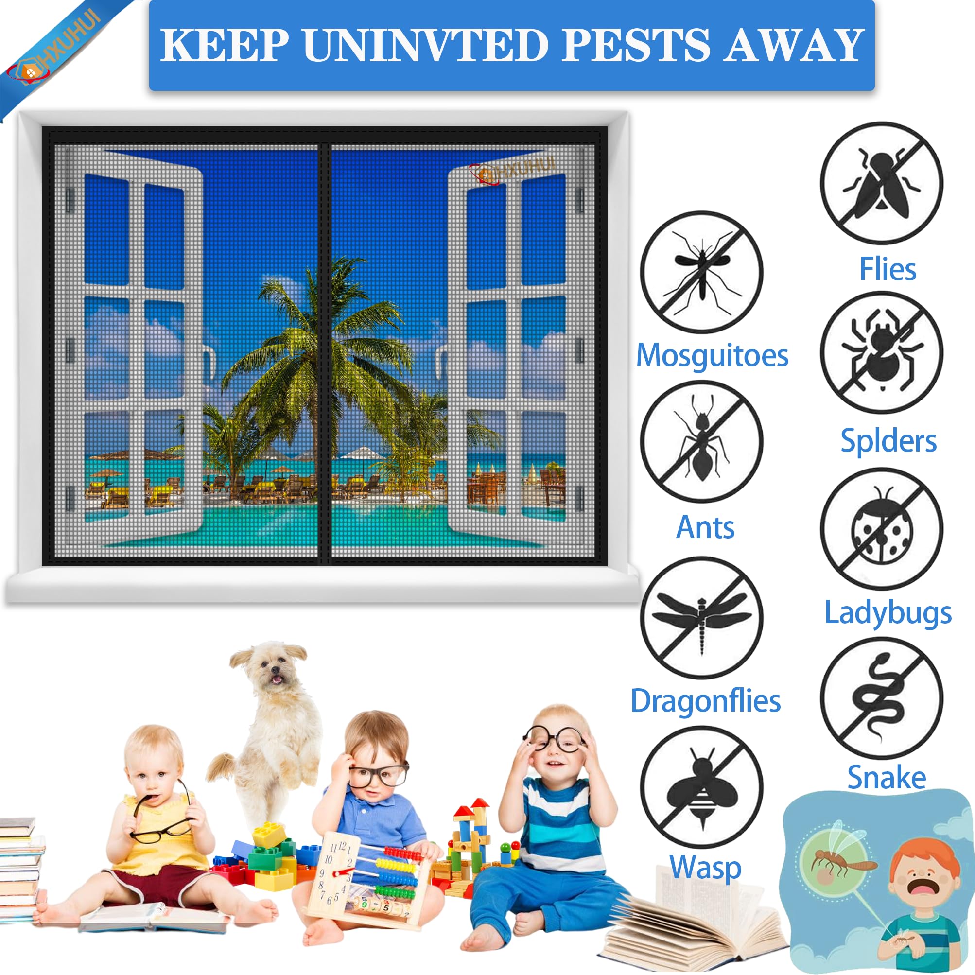 Fliegengitter Magnet Schwarz 235x210cm Magnet Insektenschutz Fenster Moskitonetz mit Klebeband Magnete Automatisch schließen für Küche/Wohnzimmer/Schlafzimmer